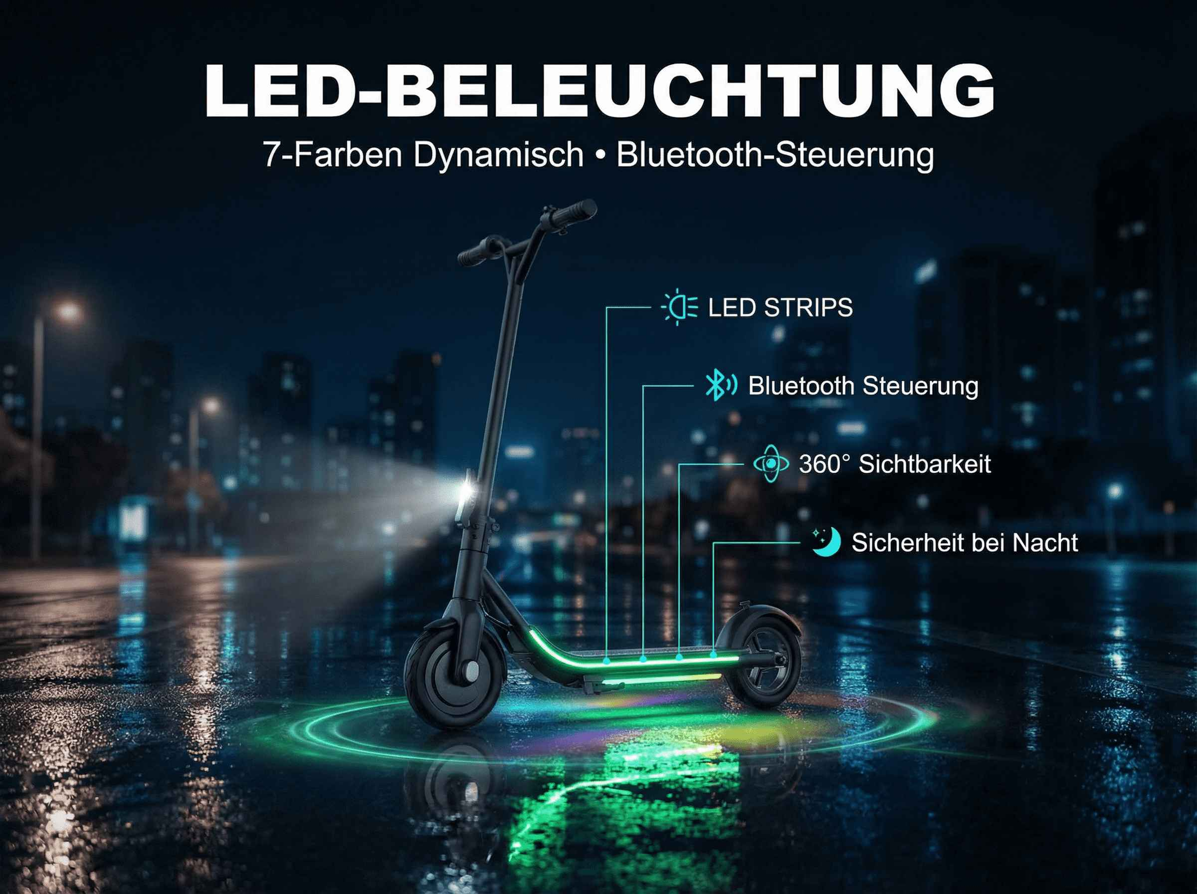 Ein schwarzer Elektroroller mit bunten LED-Streifen auf nasser Straße bei Nacht.