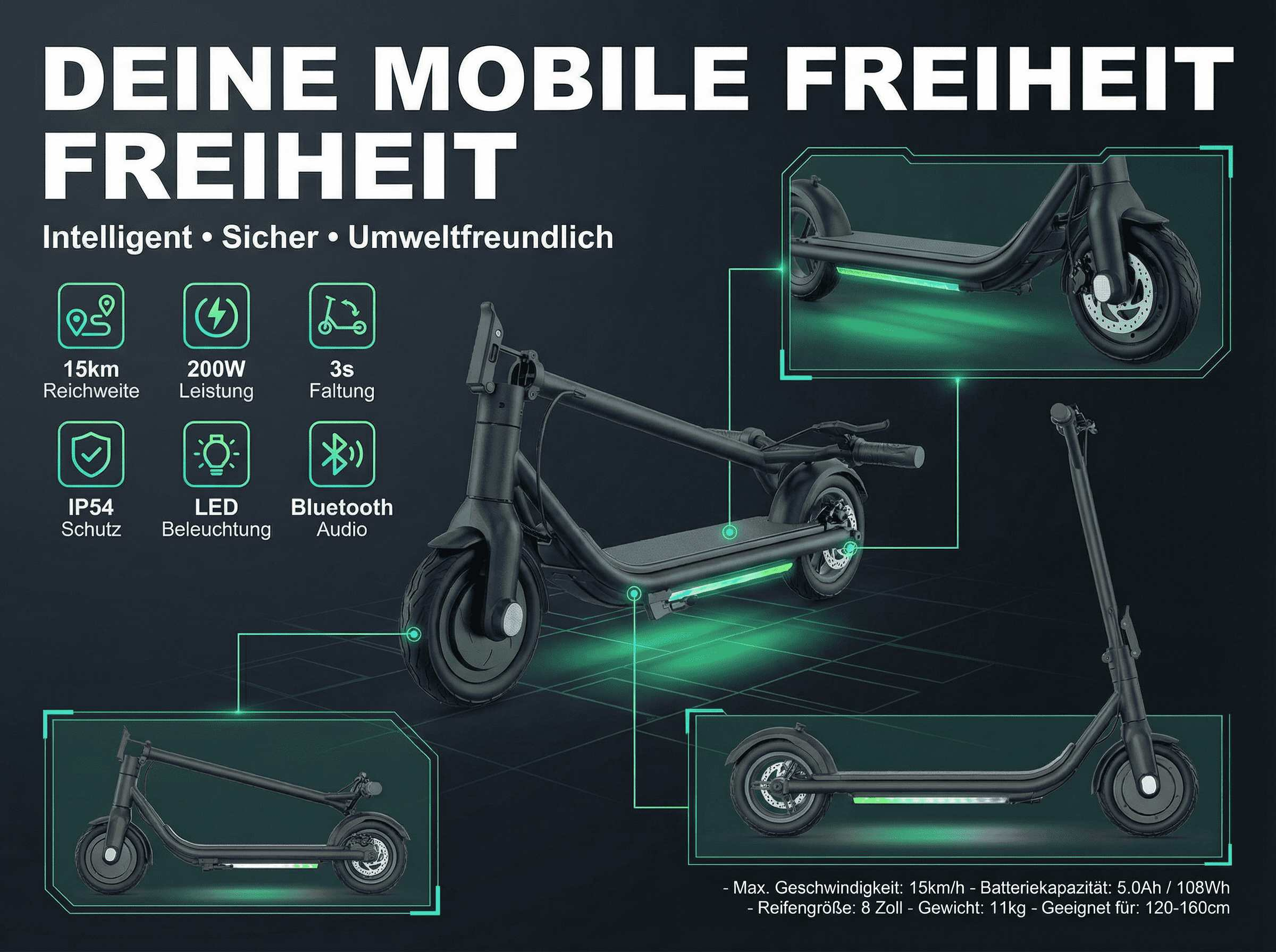 Ein schwarzer Elektroroller mit grünen Akzenten und Infos zu Reichweite, Leistung.