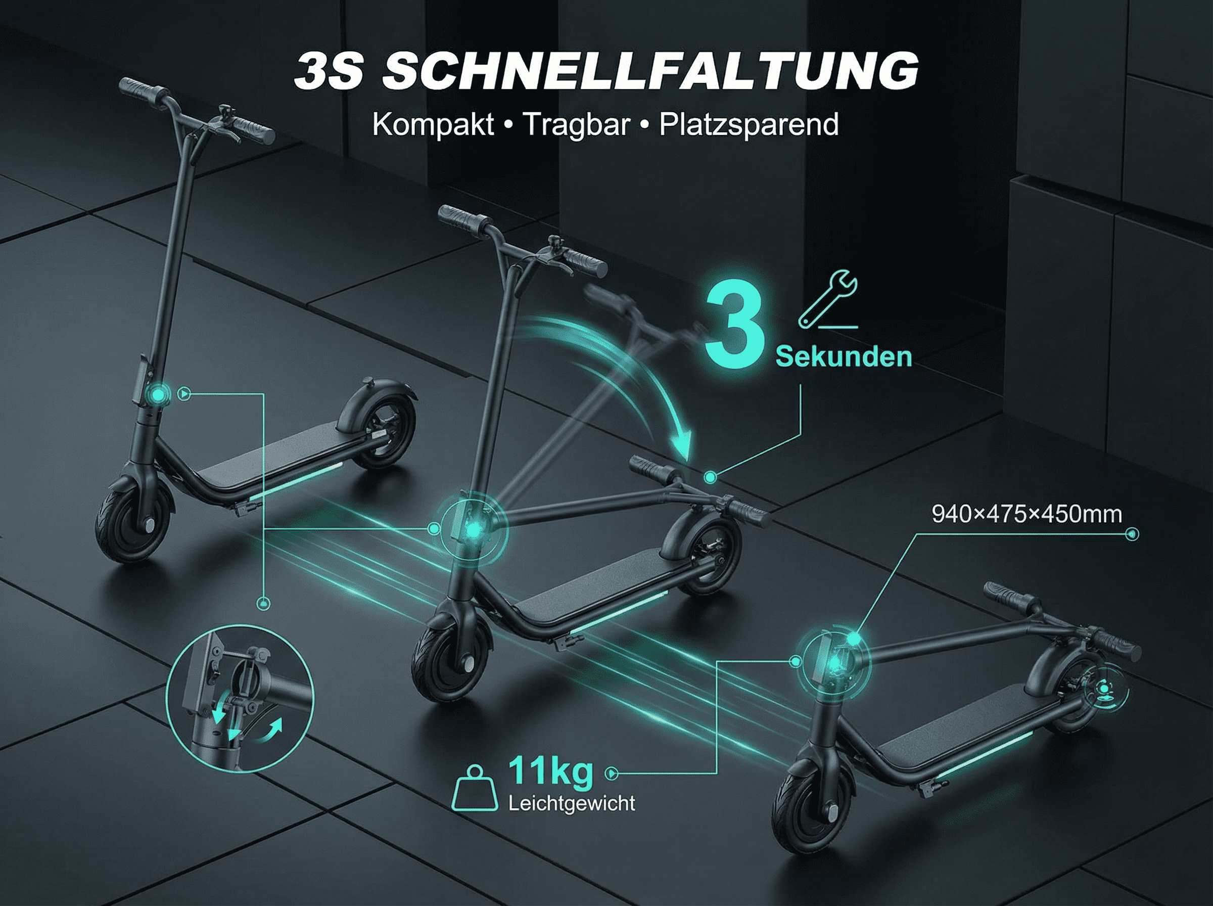 Drei schwarze Elektroroller werden gezeigt. Einer ist voll entfaltet, einer in 3 Sekunden gefaltet.