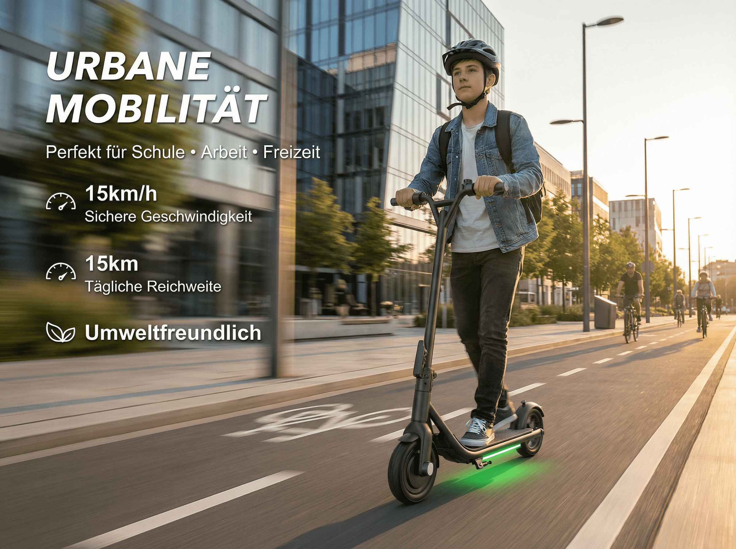 Ein Junge fährt E-Scooter in der Stadt. "Urbane Mobilität" steht auf dem Bild.