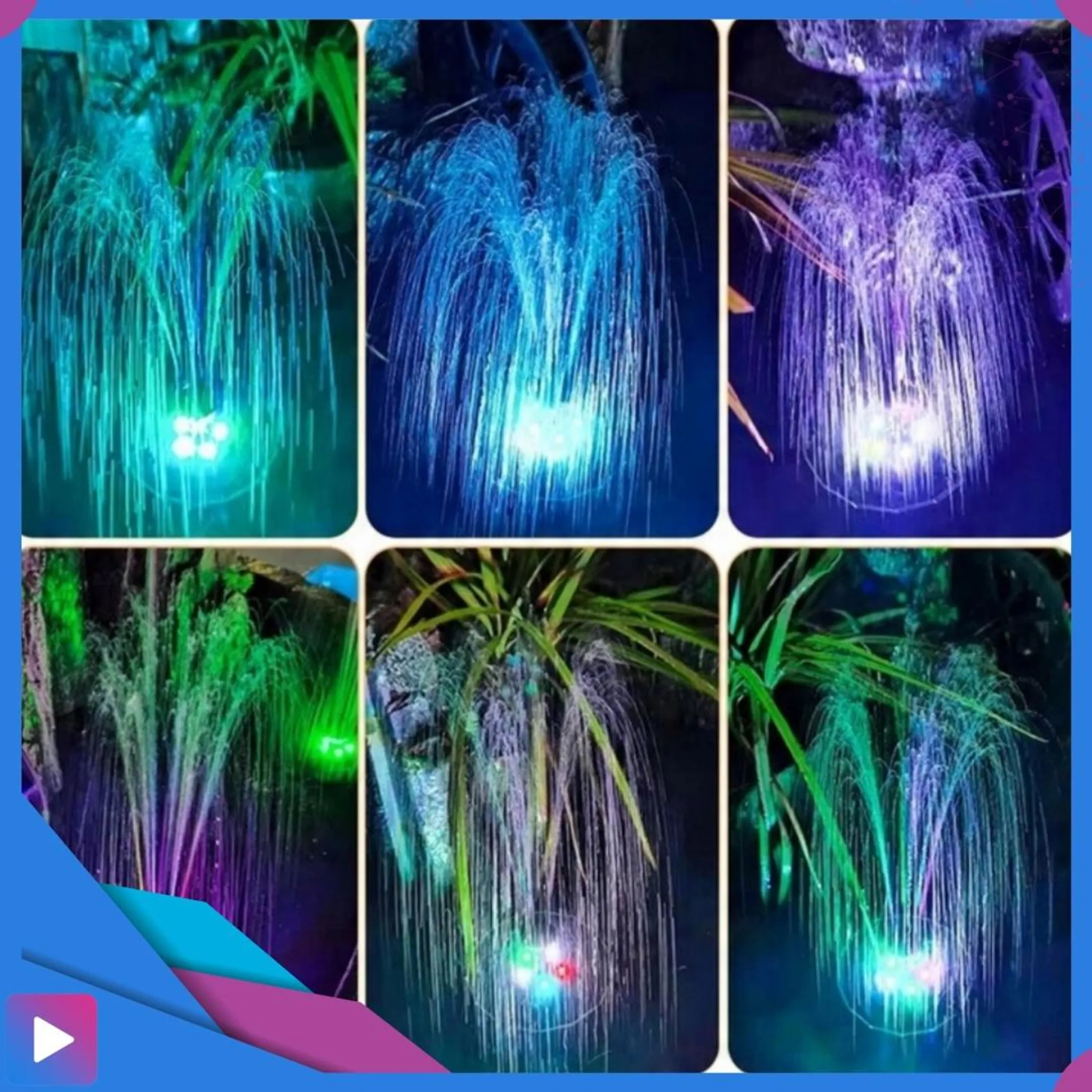 Brunnen mit farbigen Lichtern, die Wasserstrahlen beleuchten.