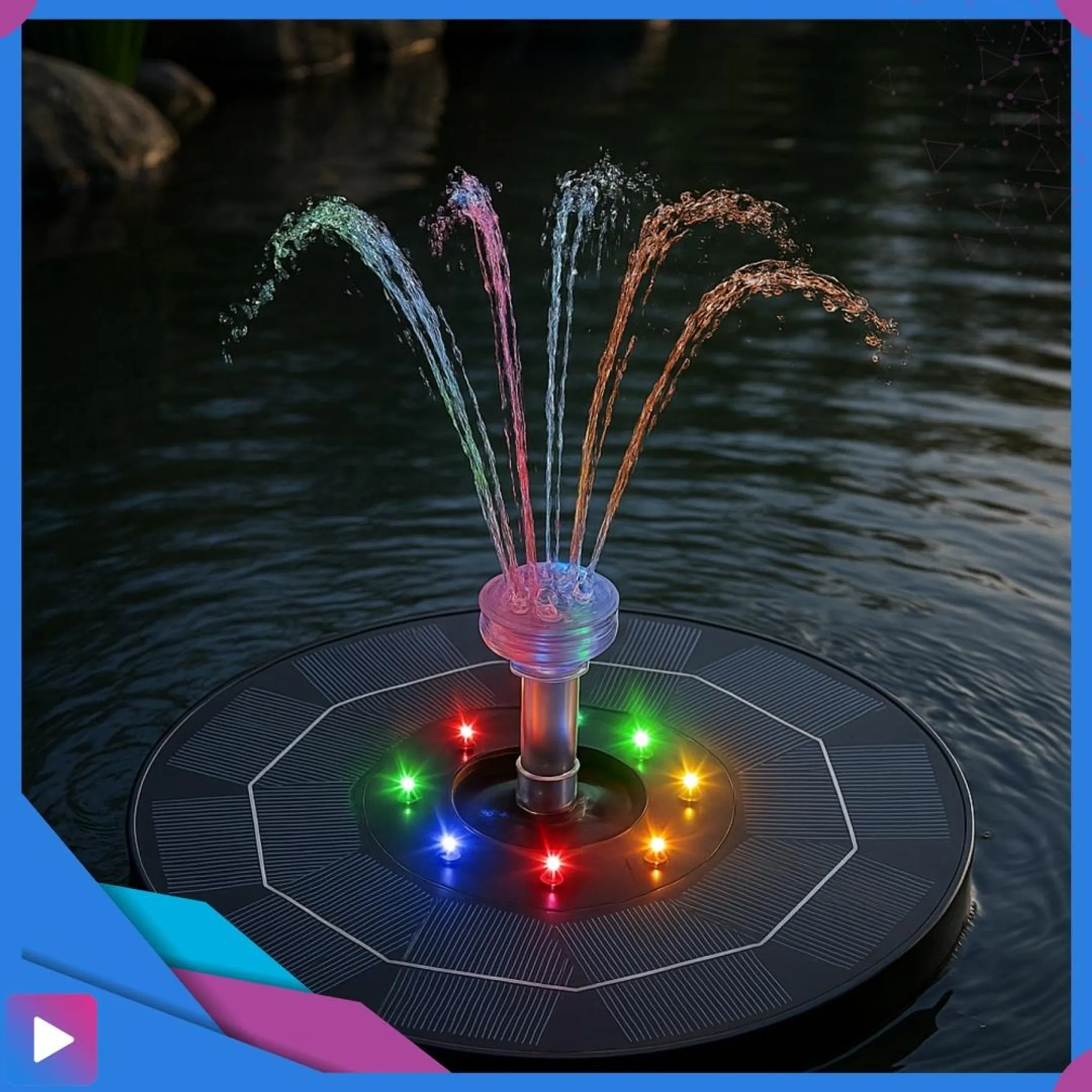 Solarbetriebener Brunnen mit bunten Lichtern auf einem dunklen Teich.