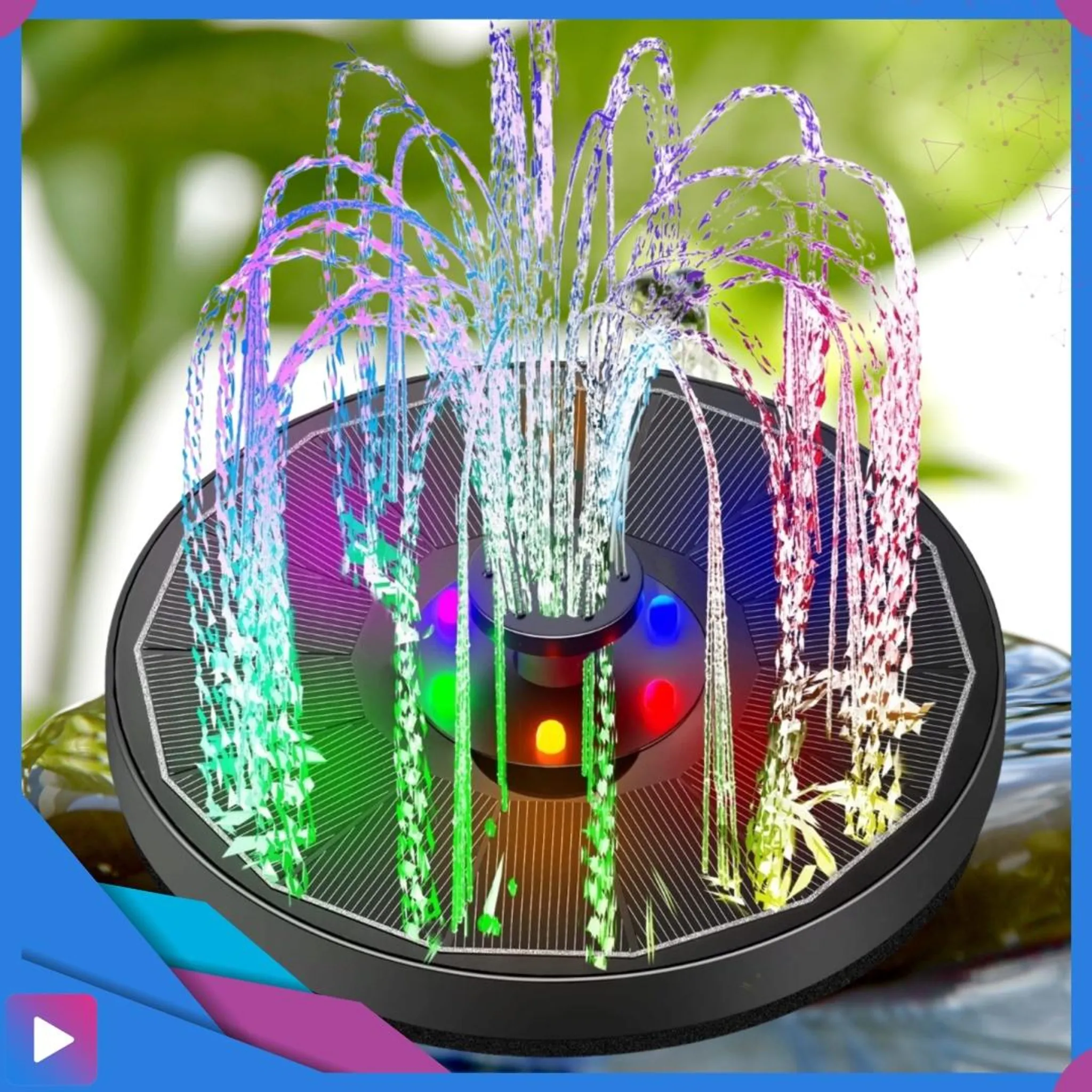 Solarbetriebener Springbrunnen mit bunten Lichtern sprüht Wasser in Regenbogenfarben.