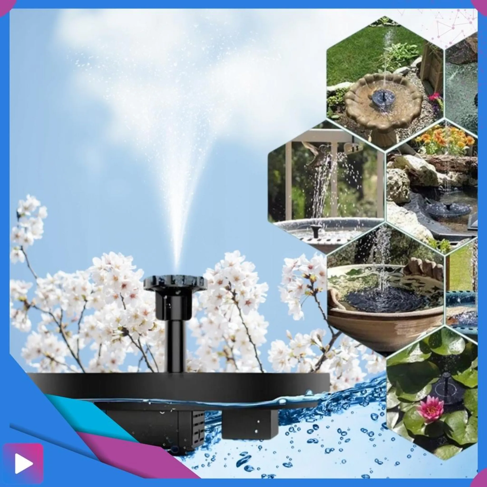 Brunnen mit Wasserspiel vor Kirschblüten und einem Himmel voller Glitzerpartikel.