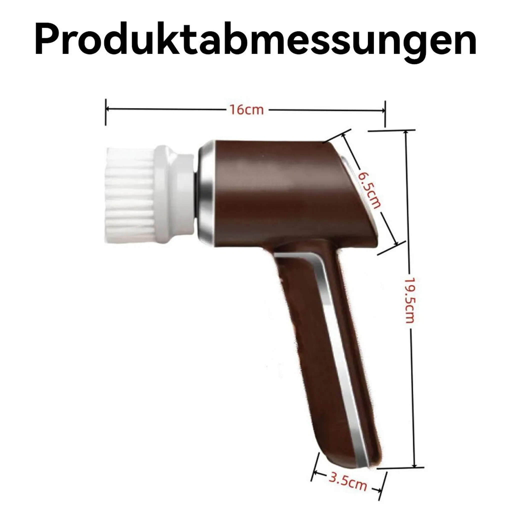 Elektrische Reinigungsbürste mit Maßen: 16cm L, 6.5cm H, 19.5cm L, 3.5cm B.