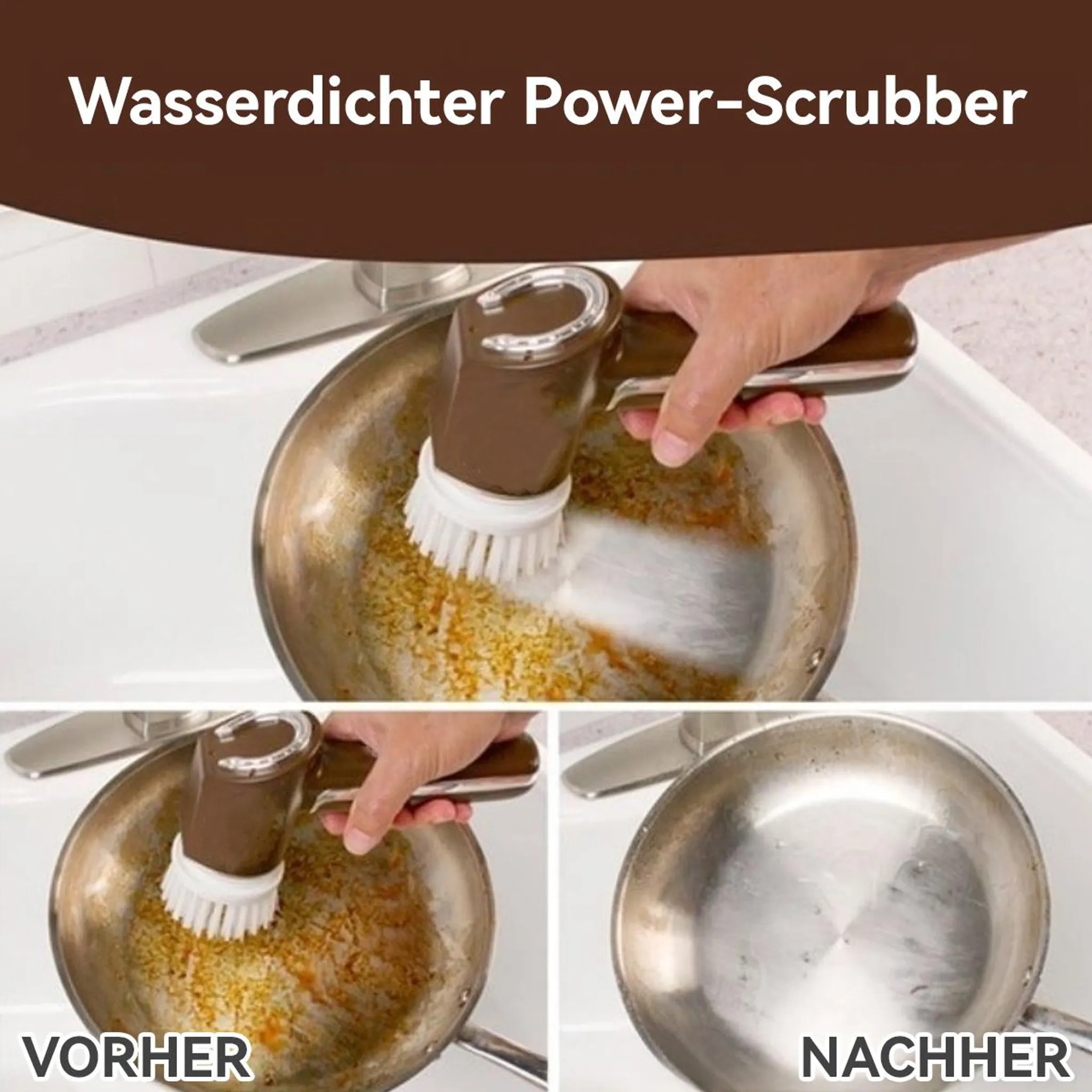 Vorher und nach der Reinigung einer schmutzigen Pfanne mit einem wasserdichten Power-Scrubber.