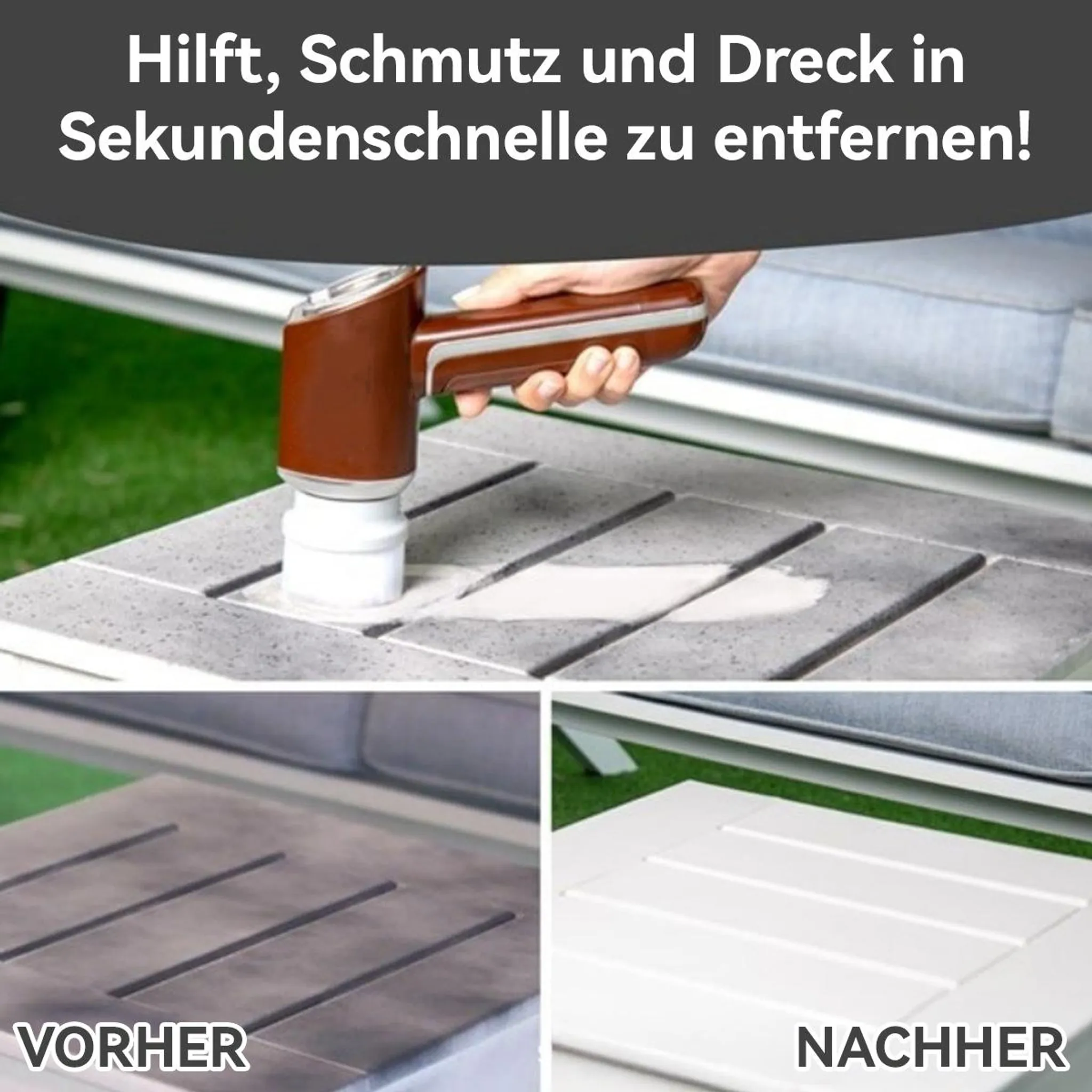 Hand hält Reinigungsgerät auf schmutzigem Tisch, Vorher/Nachher-Vergleich.