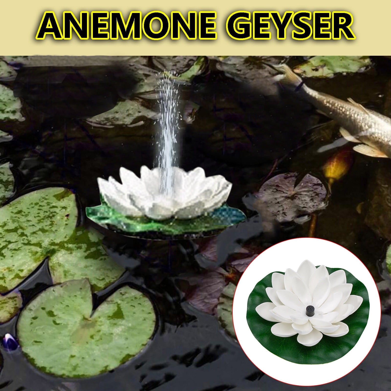 Ein weißer Lotus-Brunnen spritzt Wasser in einem Teich mit Seerosenblättern und einem Fisch.