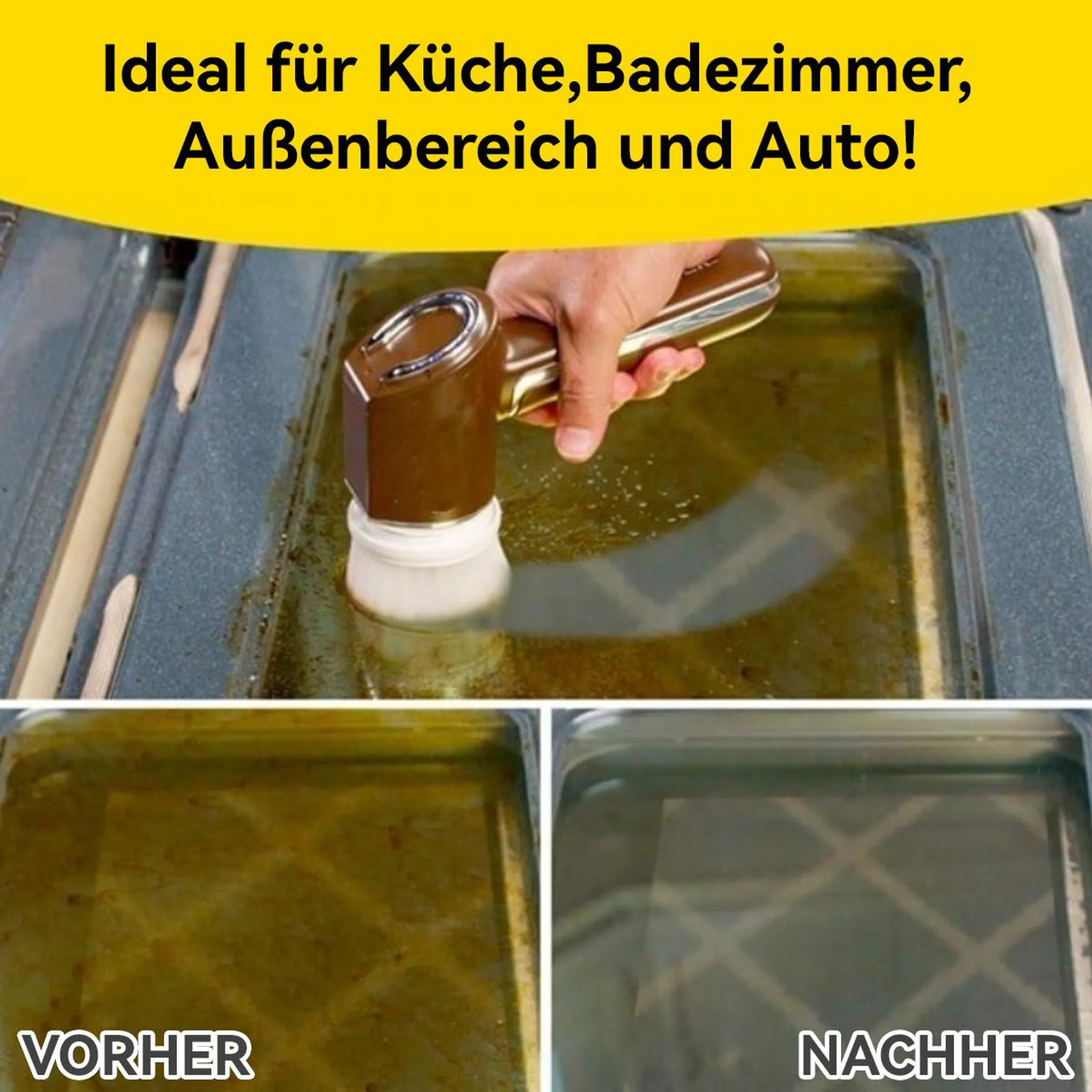 Vorher/Nachher Vergleich einer verschmutzten und gereinigten Oberfläche mit einem Reinigungsgerät.