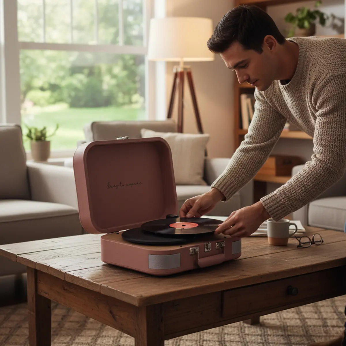 Mężczyzna kładzie płytę winylową na różowym gramofonie w salonie.