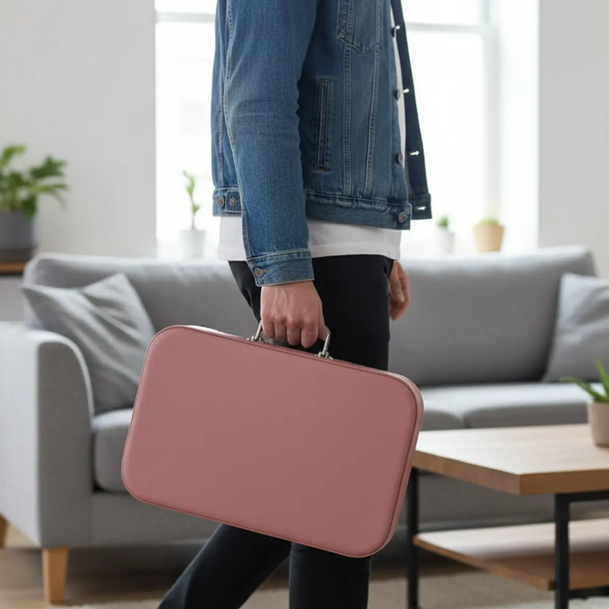Osoba w dżinsowej kurtce niesie pudrowo-różową teczkę w salonie.