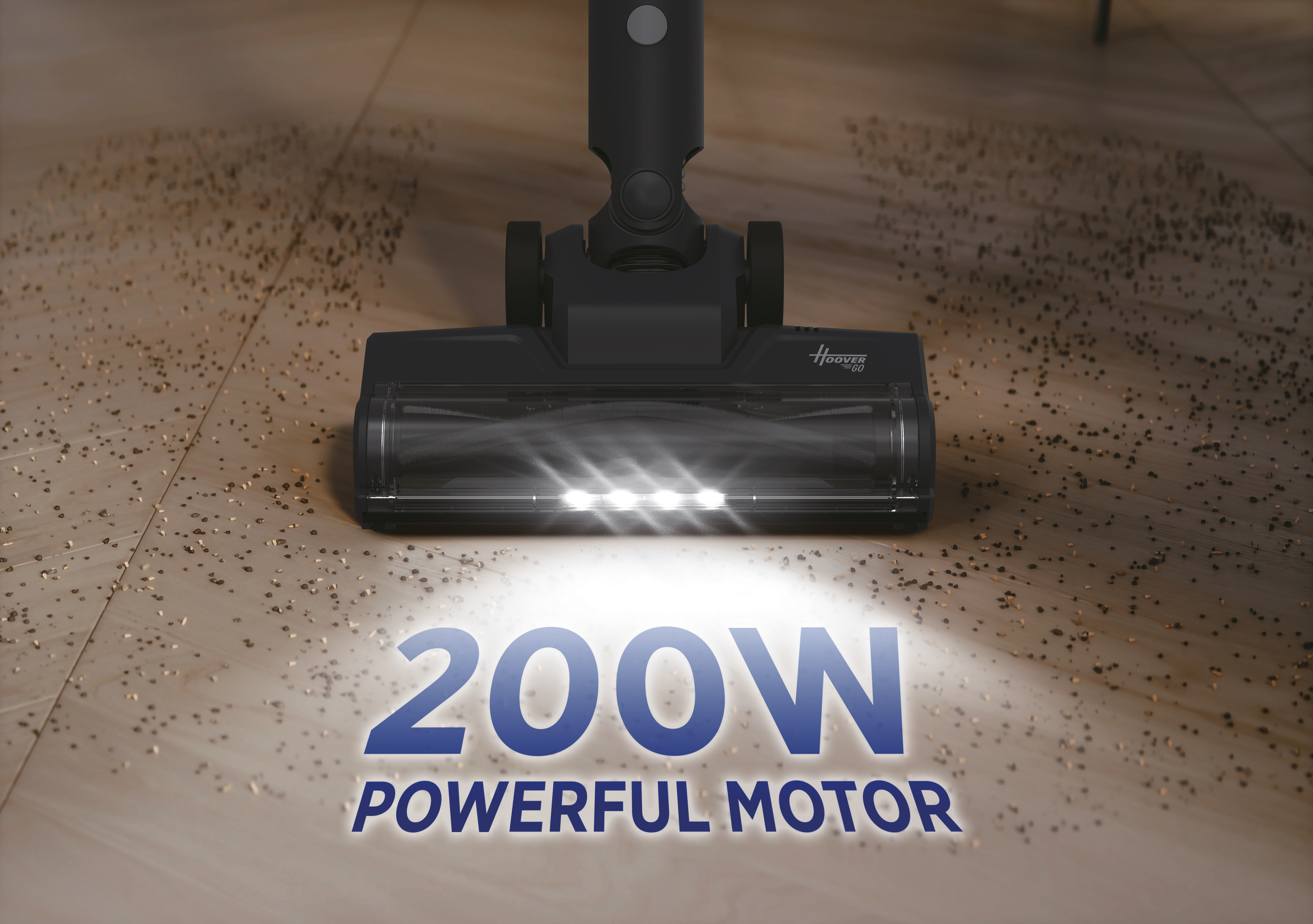 Aspirapolvere nero su pavimento sporco con testo "200W POWERFUL MOTOR".