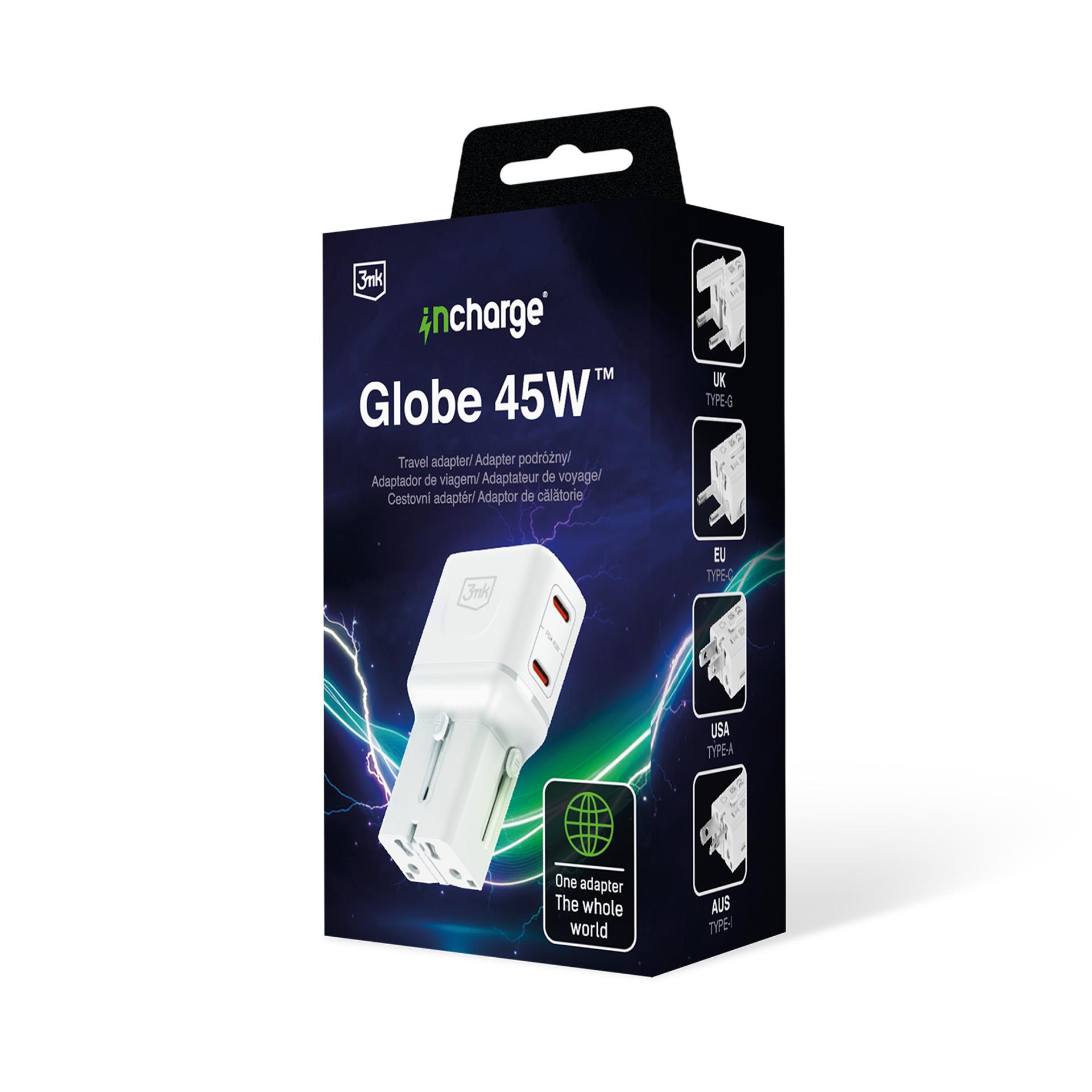 Emballage d'un adaptateur de voyage 45W montrant différents types de prises.