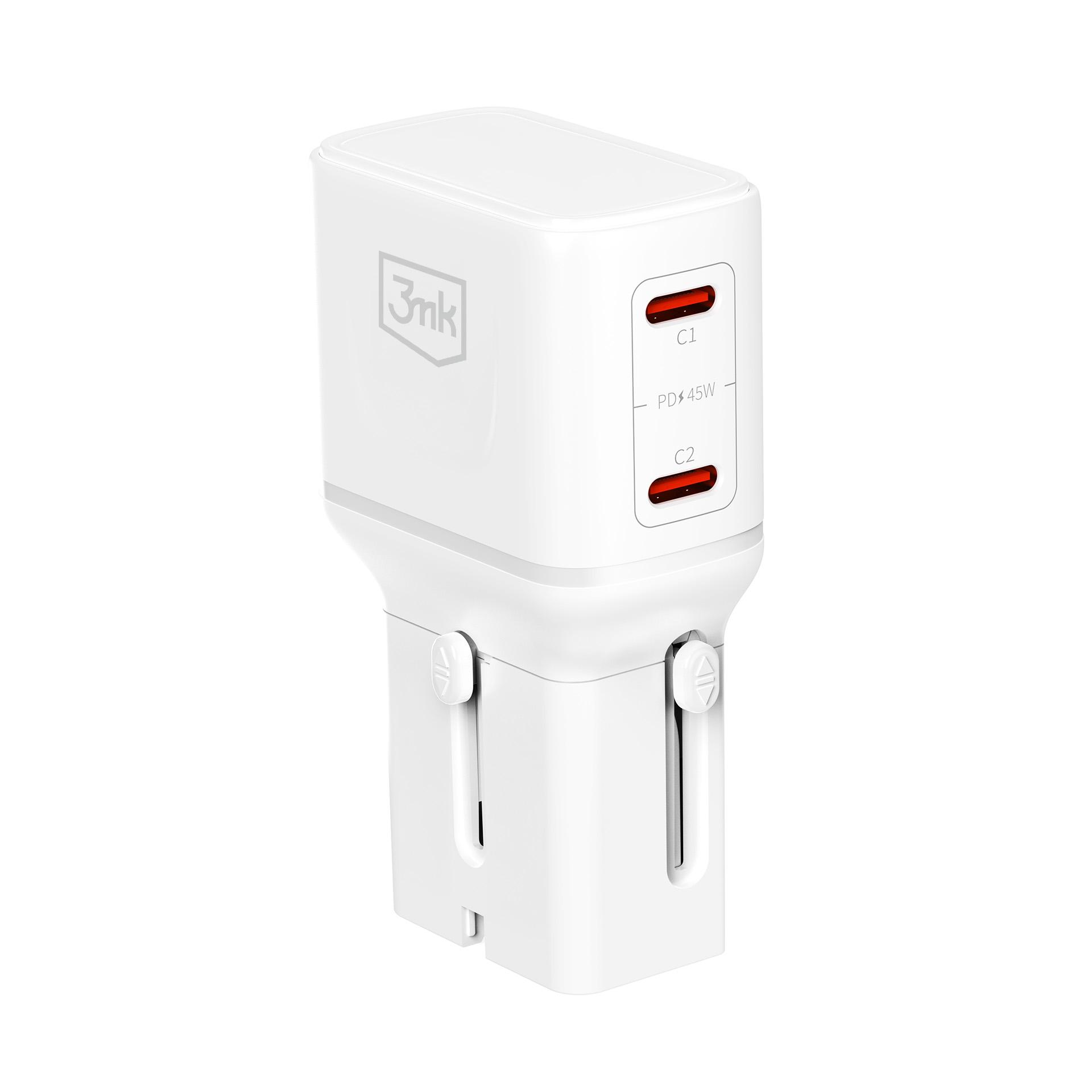 Un chargeur blanc avec deux ports USB-C marqués "PD 45W".