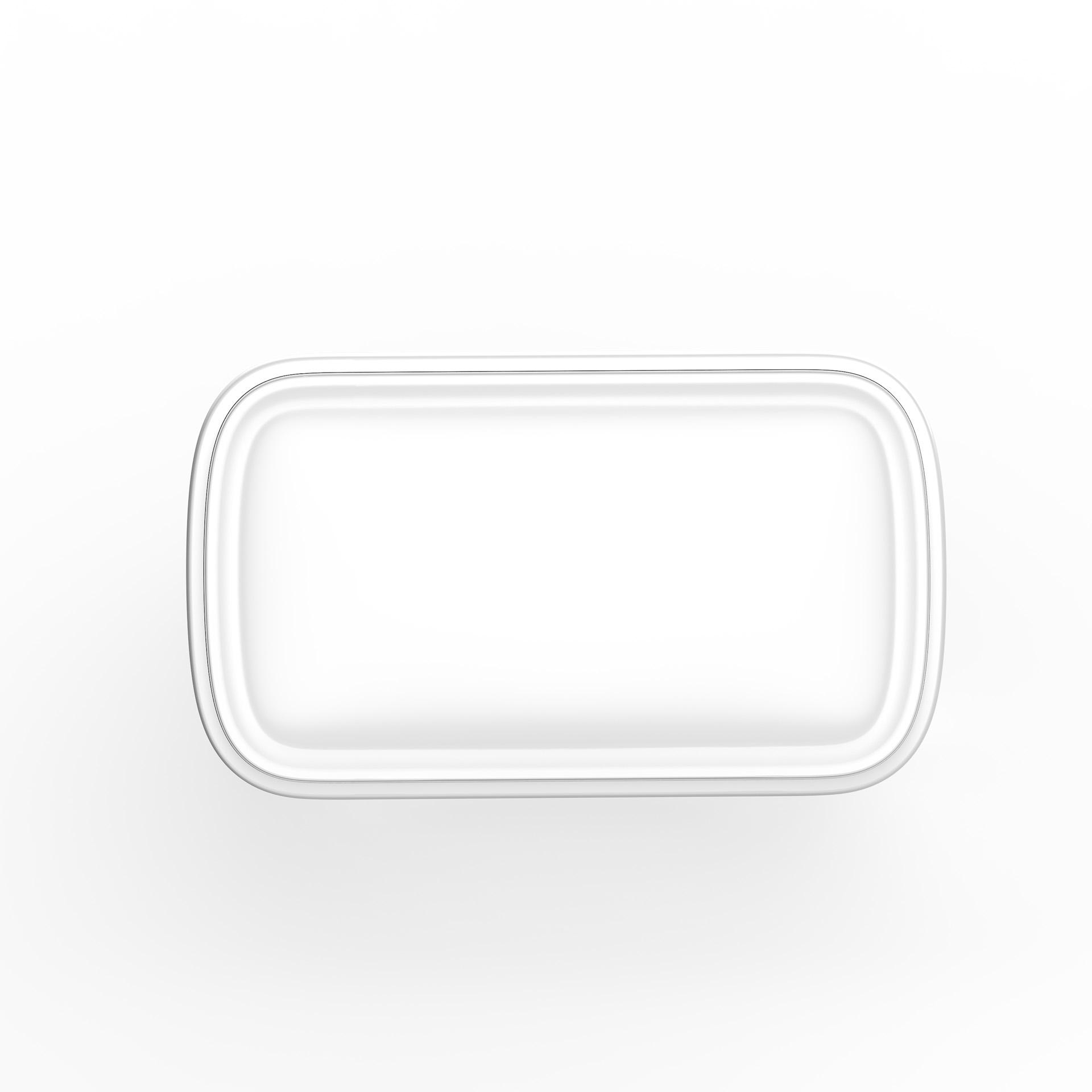 Un récipient rectangulaire blanc aux coins arrondis sur fond blanc.