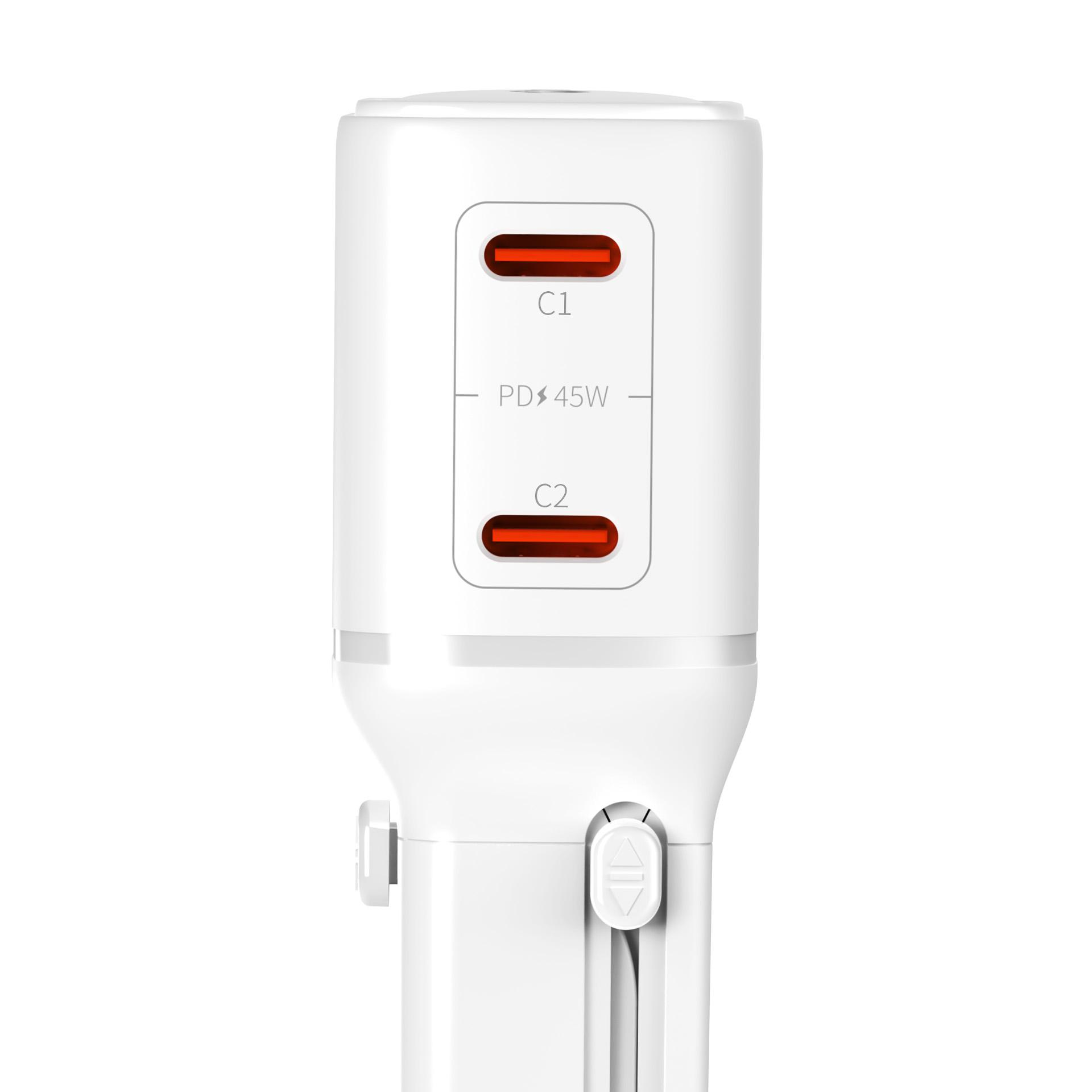 Adaptateur de charge blanc avec deux ports USB-C et marquage 45W PD.