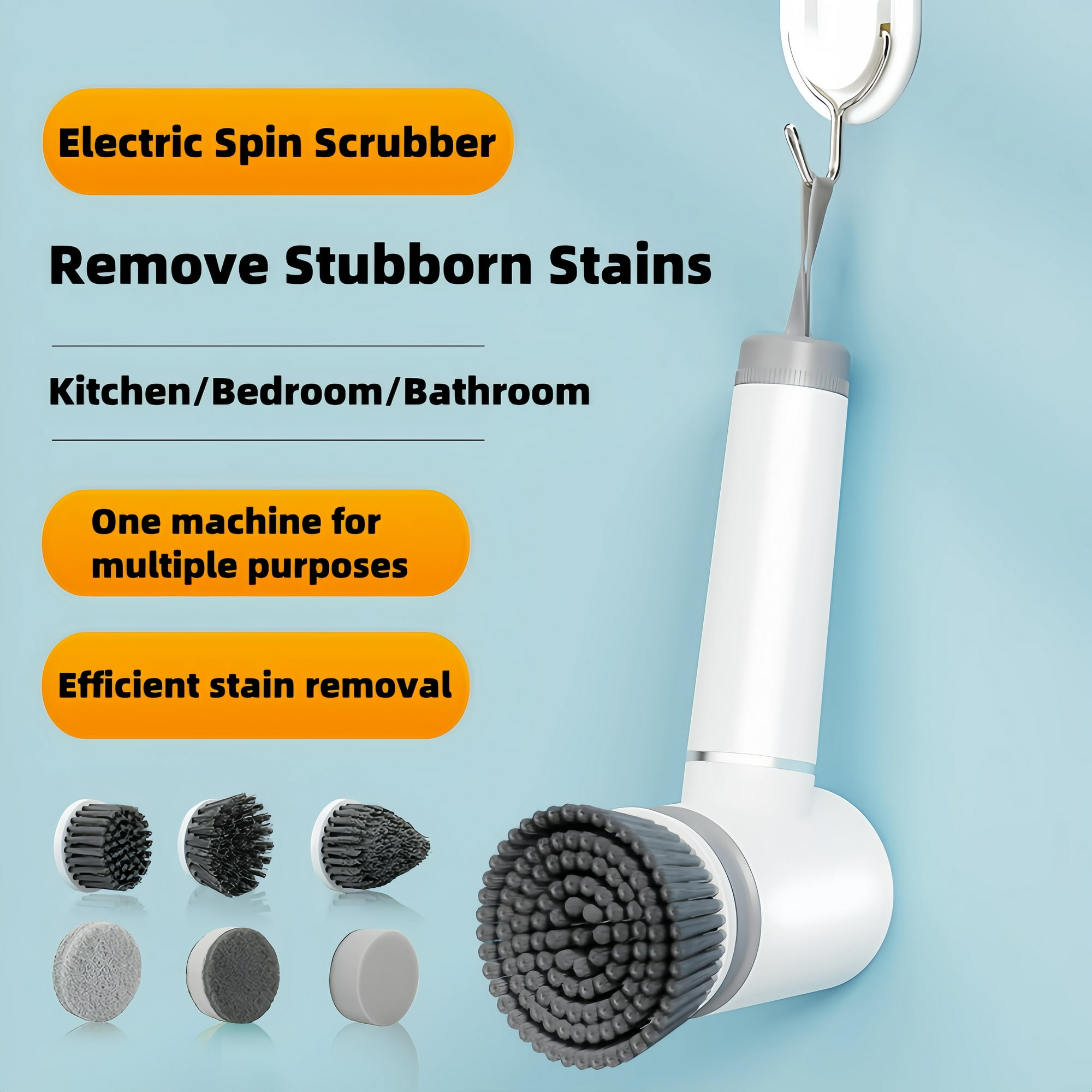 Elektrischer Spin-Scrubber mit Aufsätzen für Küche, Bad, Schlafzimmer.