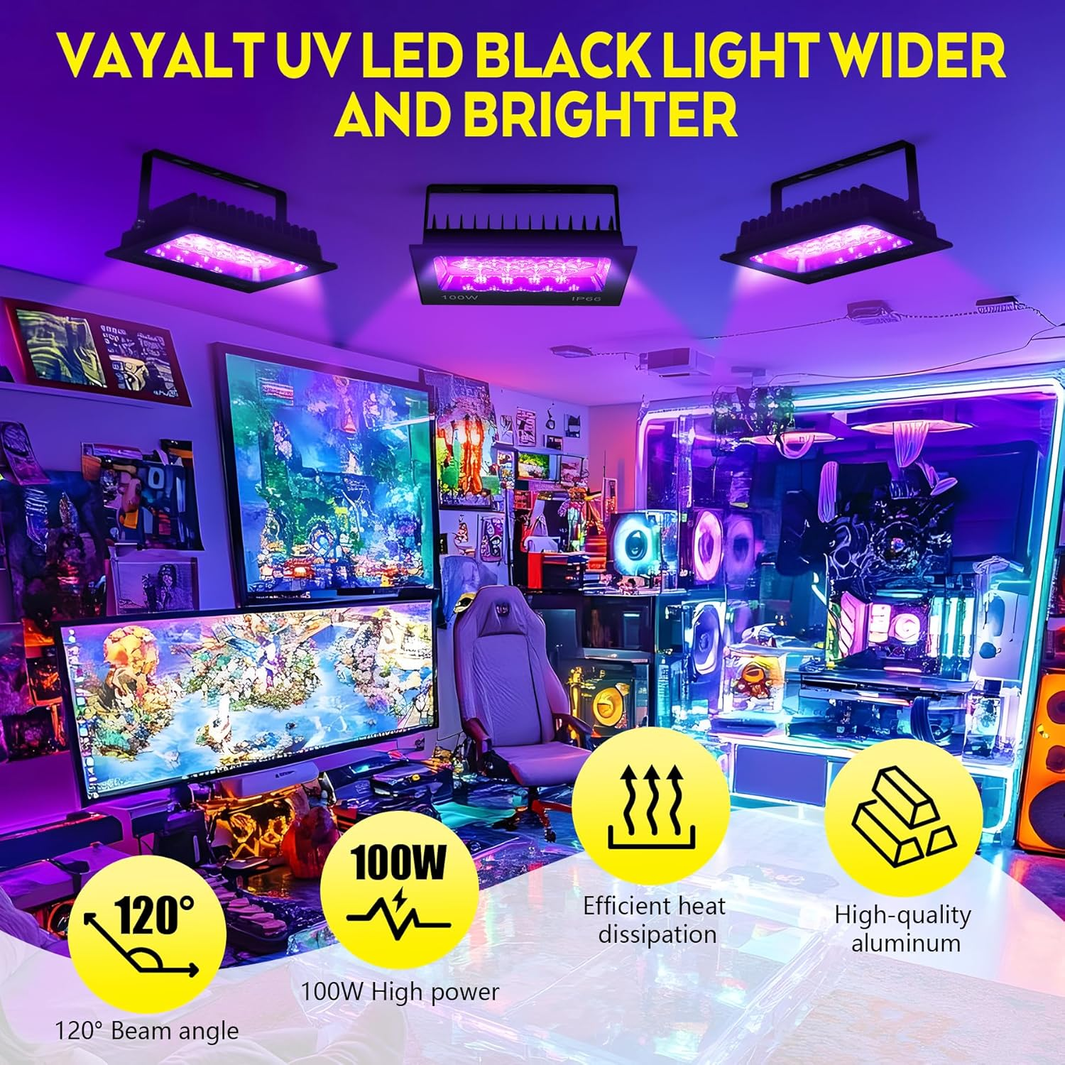 Ein Raum mit UV-LED-Schwarzlicht, Computern und Bildschirmen, die von lila Licht beleuchtet werden.