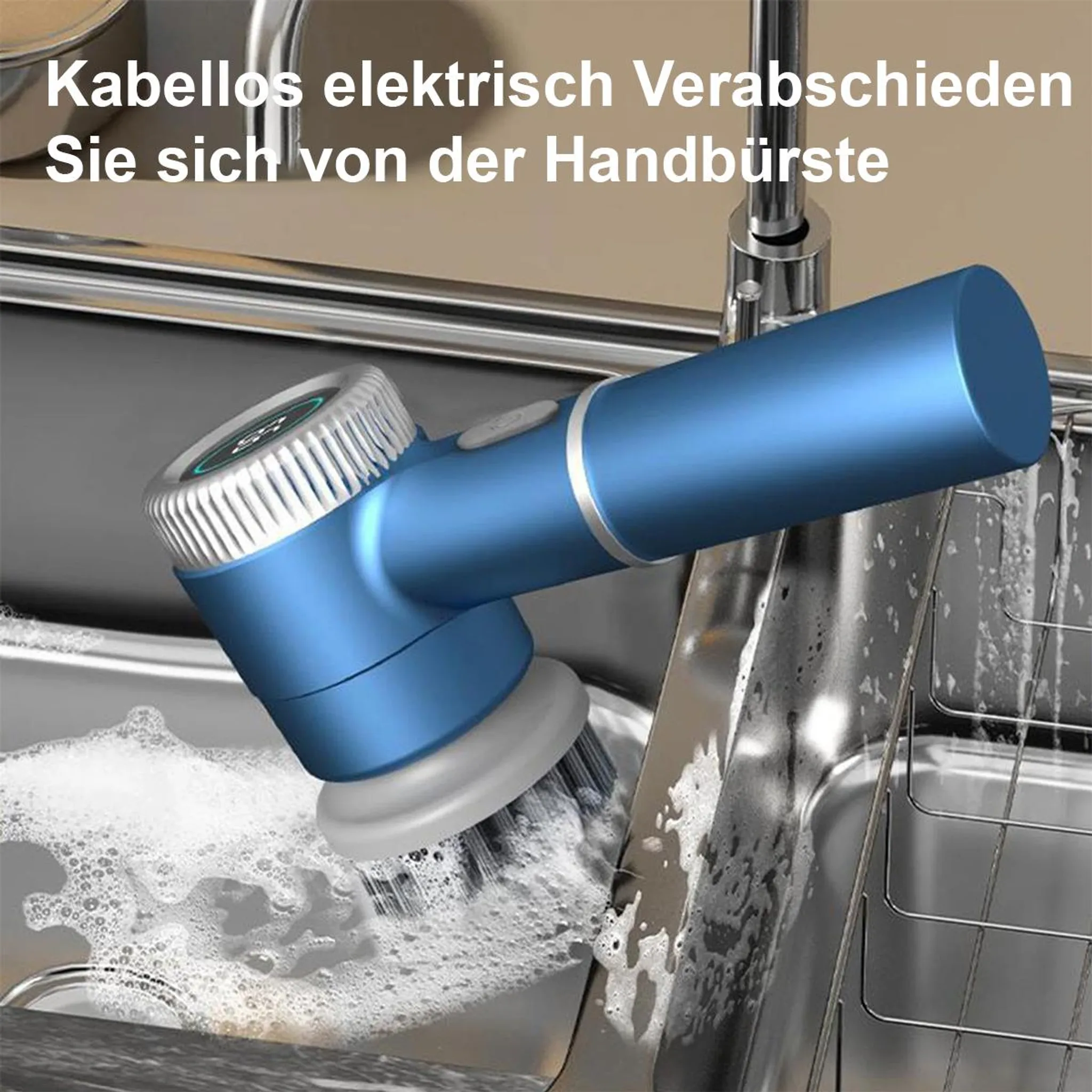 Elektrische Bürste reinigt Spüle mit Schaum.