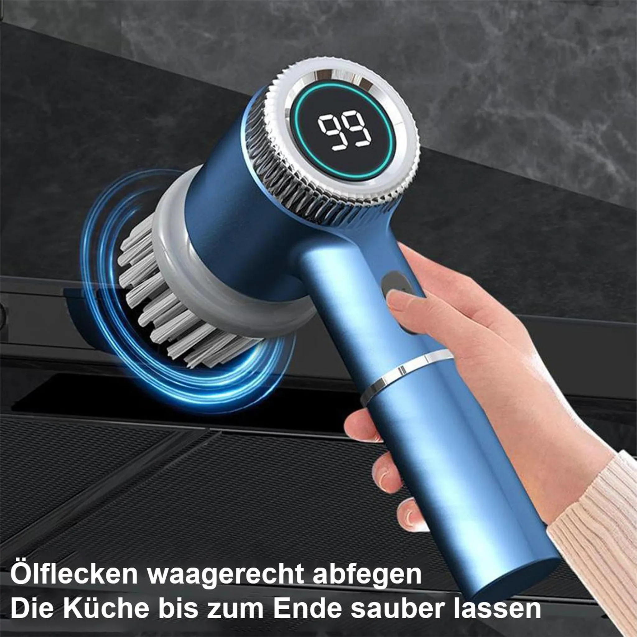 Blaue elektrische Bürste mit Display, die eine Küchenoberfläche reinigt.