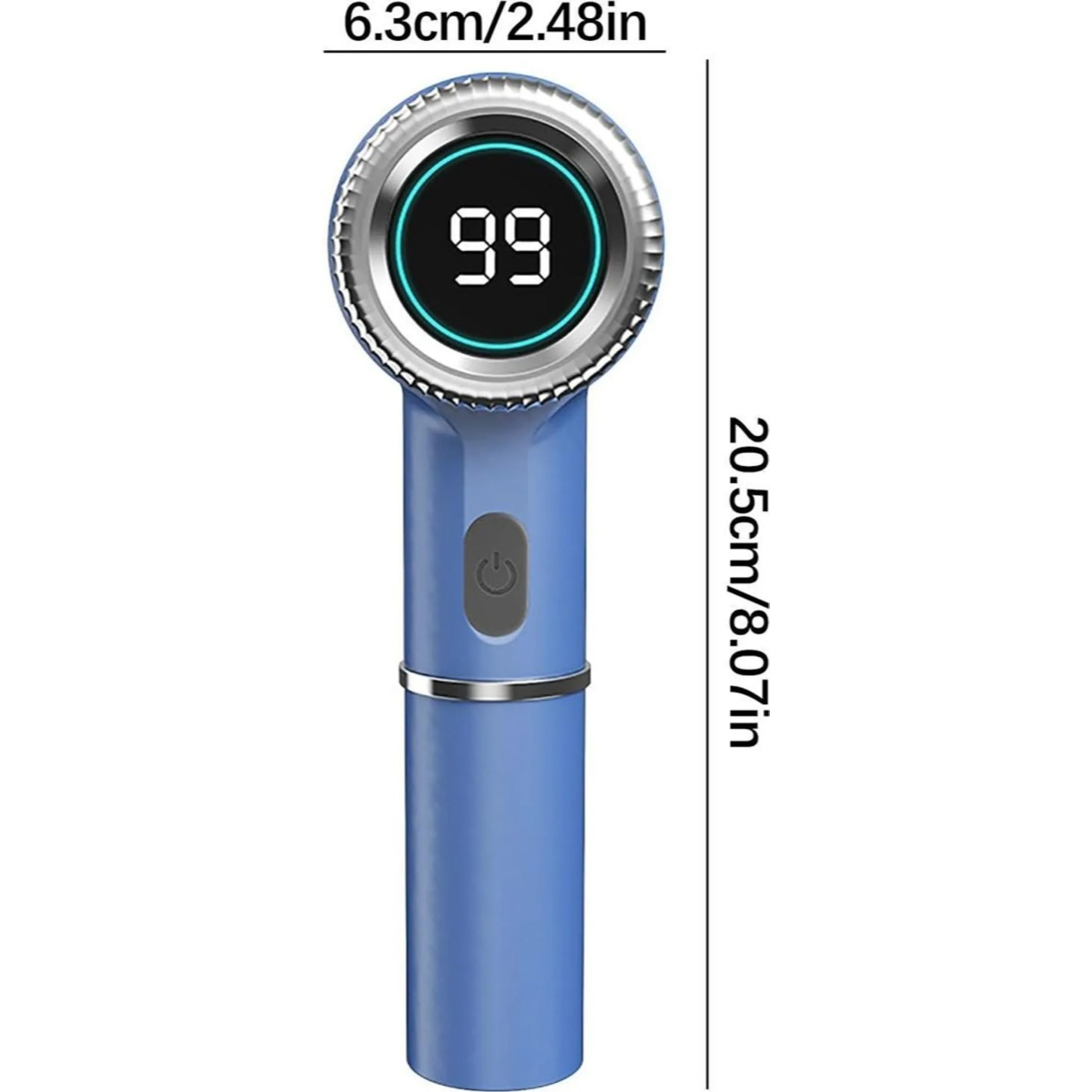 Ein blaues, zylindrisches Gerät mit digitaler Anzeige und Ein-/Aus-Taste.