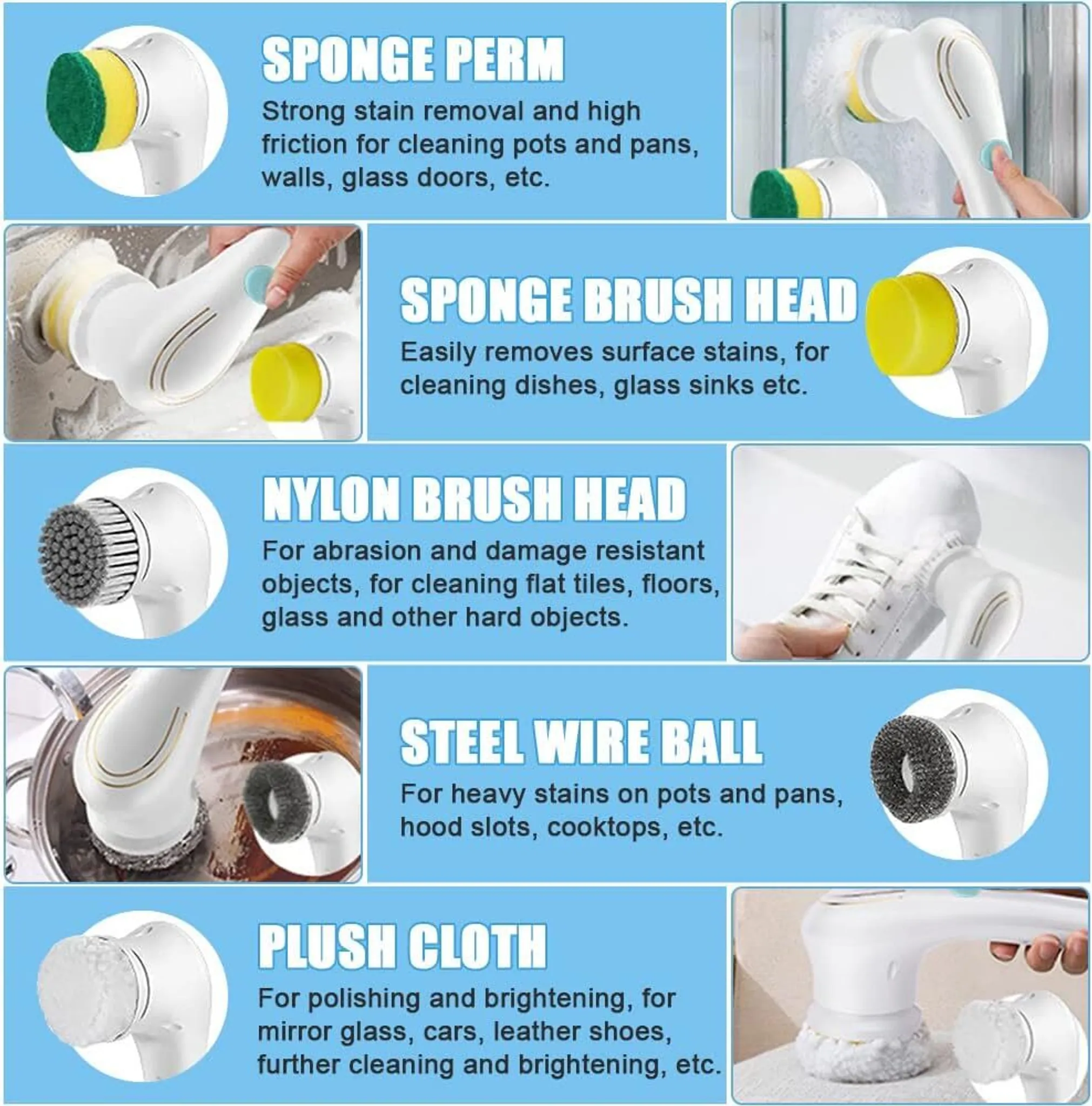 Reinigungsbürsten-Aufsätze: Schwamm, Nylon, Stahlwolle, Plüsch.