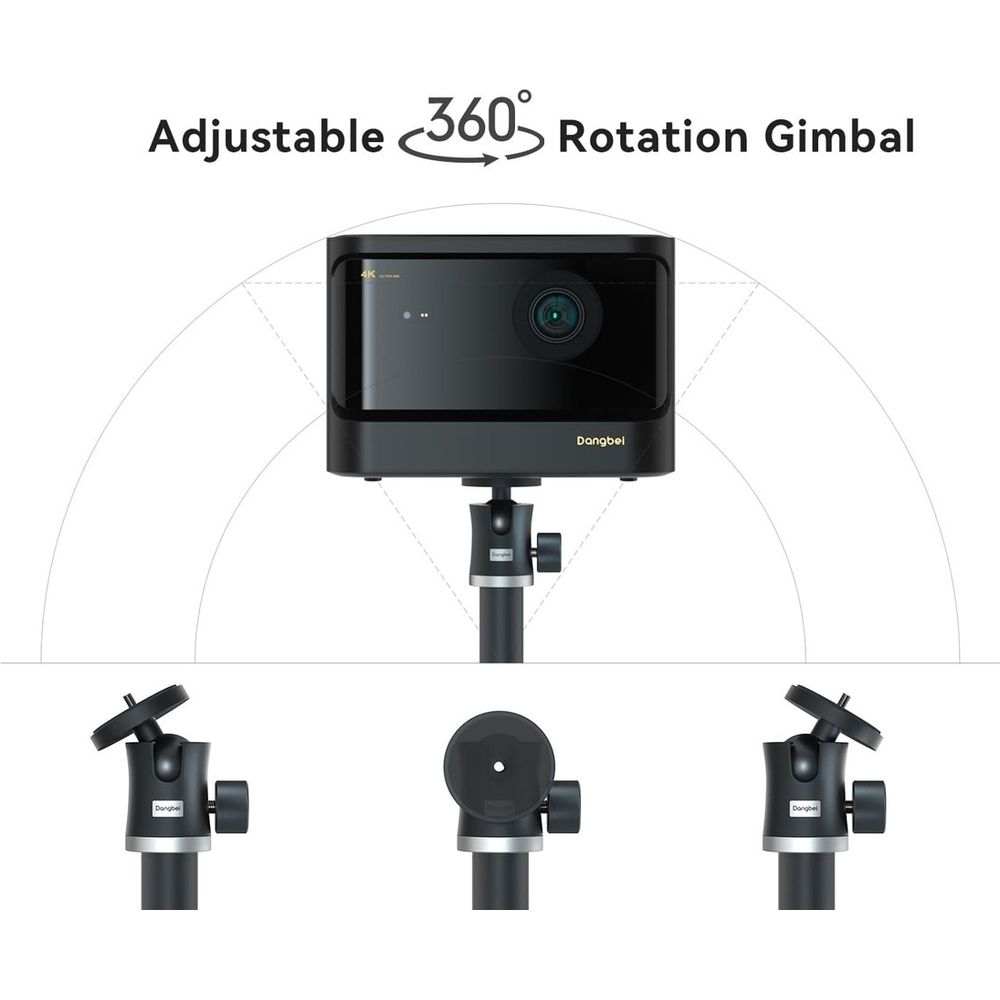 Un cardán negro de rotación de 360 grados en un trípode, con tres vistas abajo.