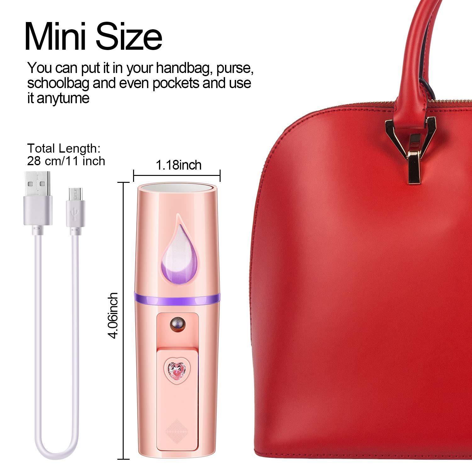 Mini-Gesichtsdampfer, USB-Kabel und rote Handtasche gezeigt. Dampfer ist rosa, 10,3 cm hoch.