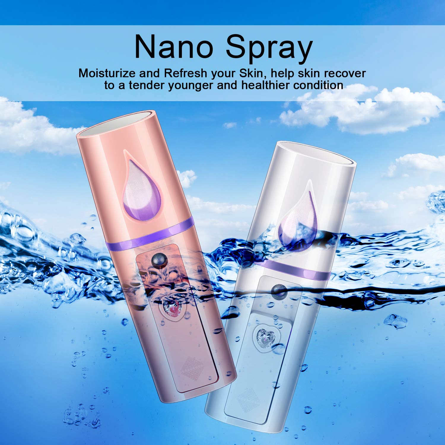 Zwei Nano-Sprühgeräte in Wasser, eins rosa, eins weiß. Text: Nano Spray.
