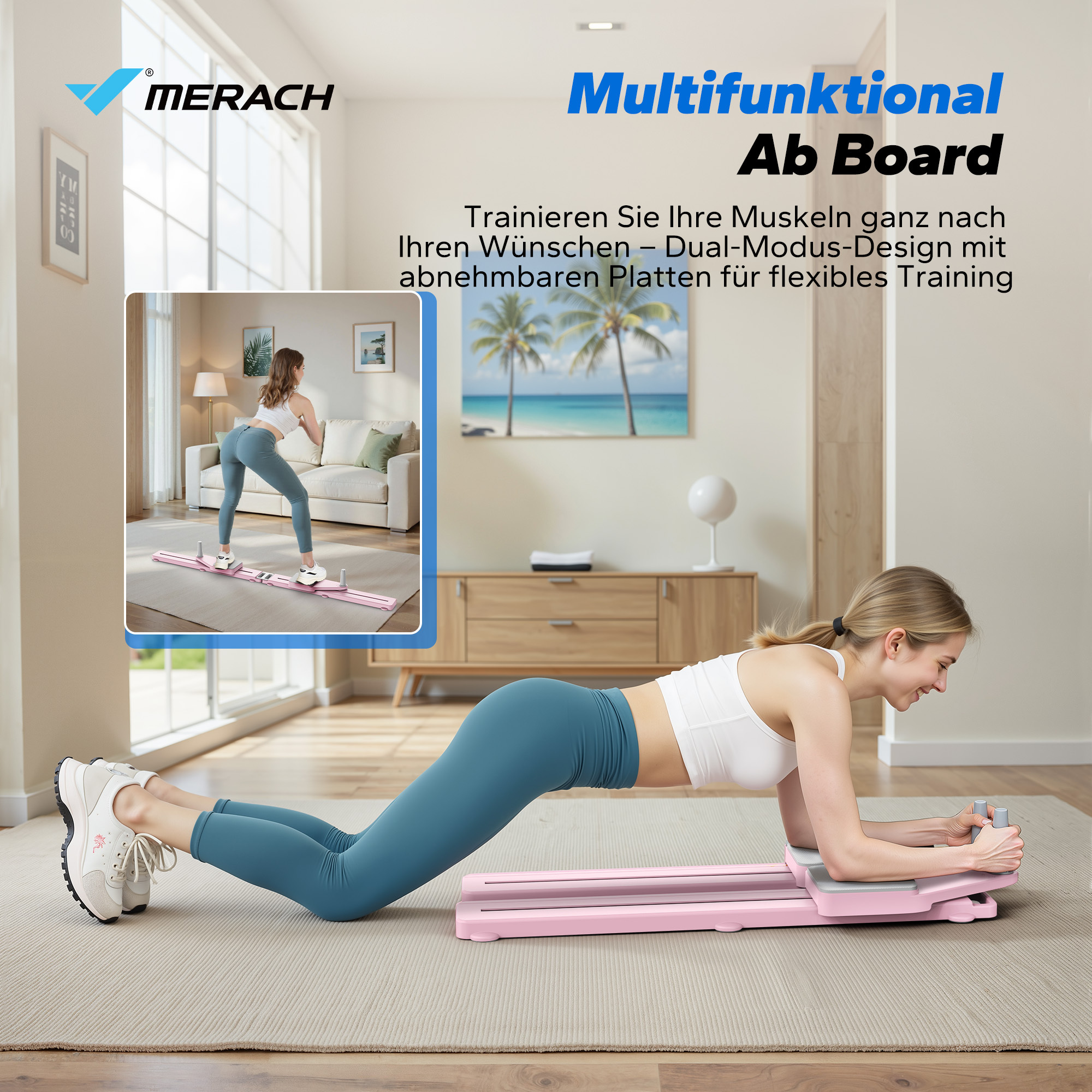 Eine Frau macht Plank-Übungen auf einem rosafarbenen Ab Board in einem Wohnzimmer.