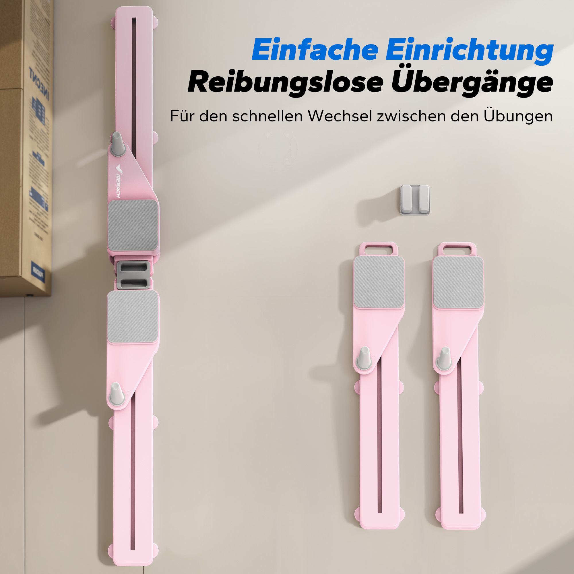Zwei rosa Trainingsgeräte mit grauen Griffen an der Wand, daneben ein weißer Halter.