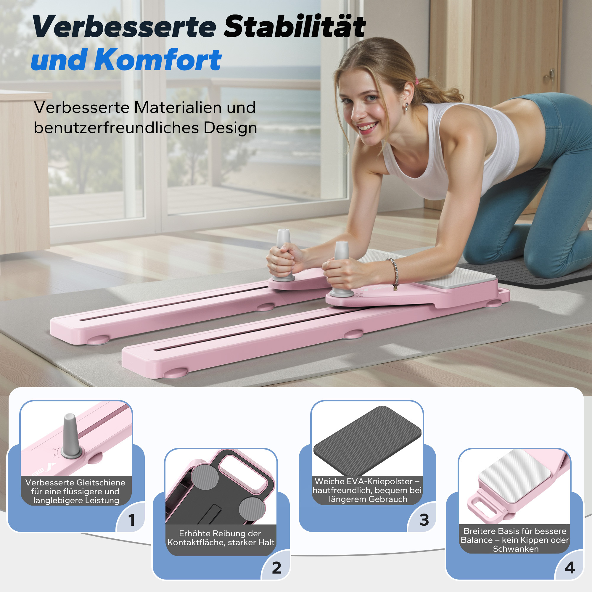Frau übt auf einem pinken Gleittrainer mit Kniepolstern und Griffen. Vier Detailansichten.