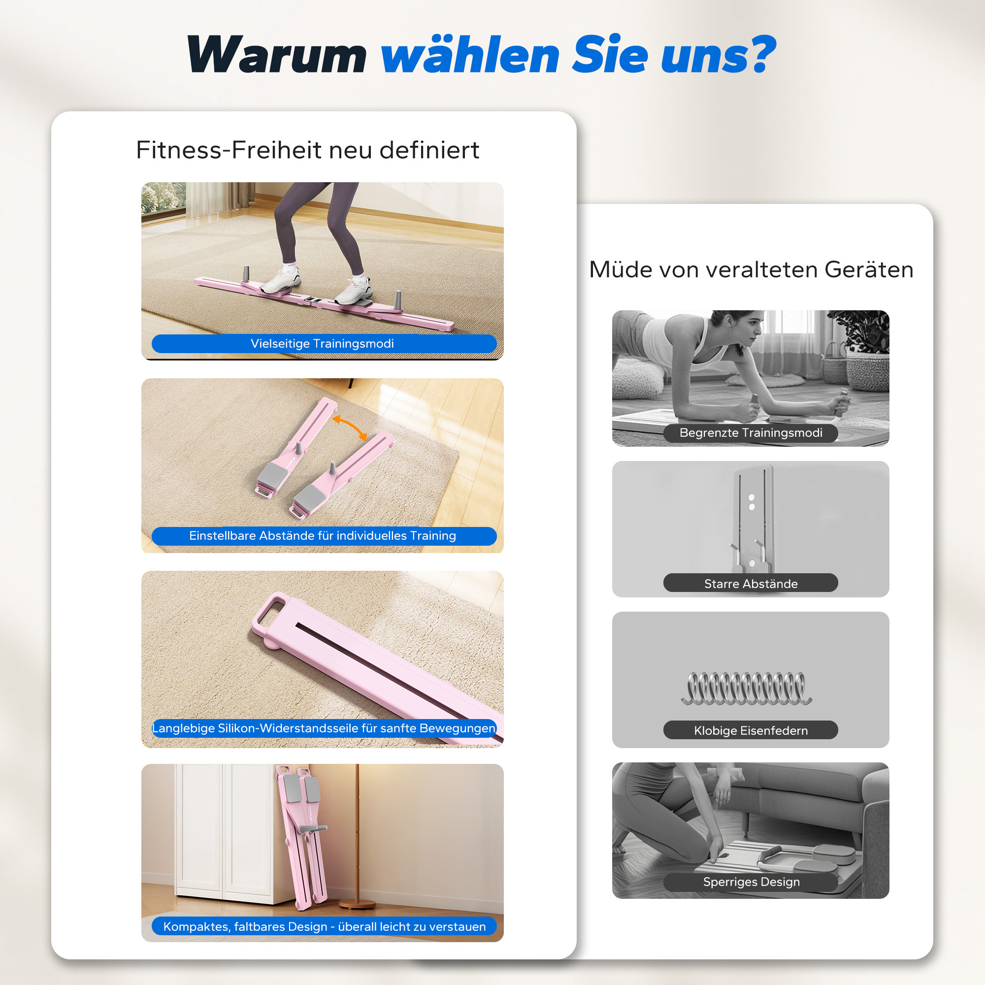 Mehrere Trainingsmodi, verstellbare Abstände, Widerstandsseile und kompaktes Design.