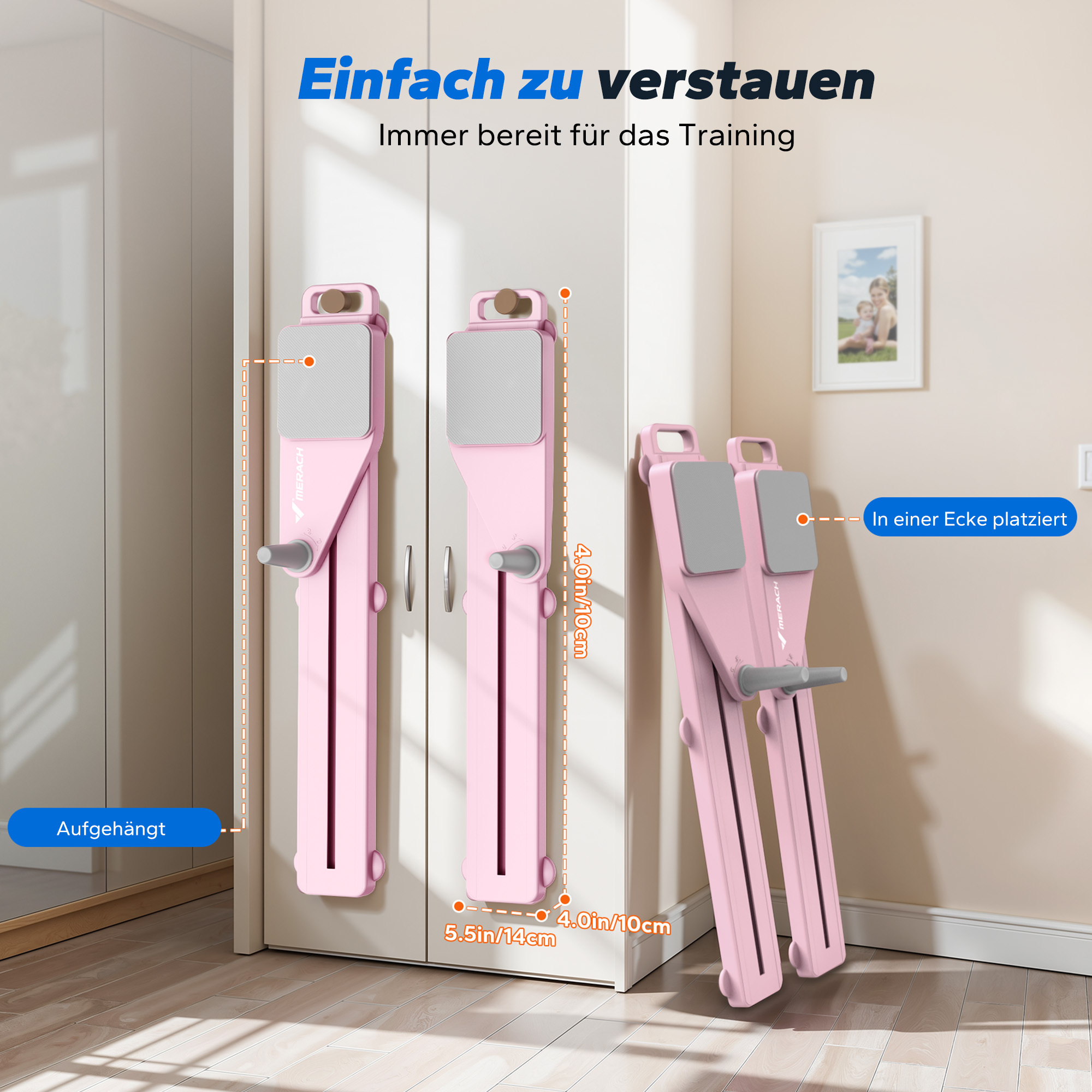 Zusammenklappbare rosa Trainingsgeräte, die an einer Tür hängen oder in einer Ecke stehen.