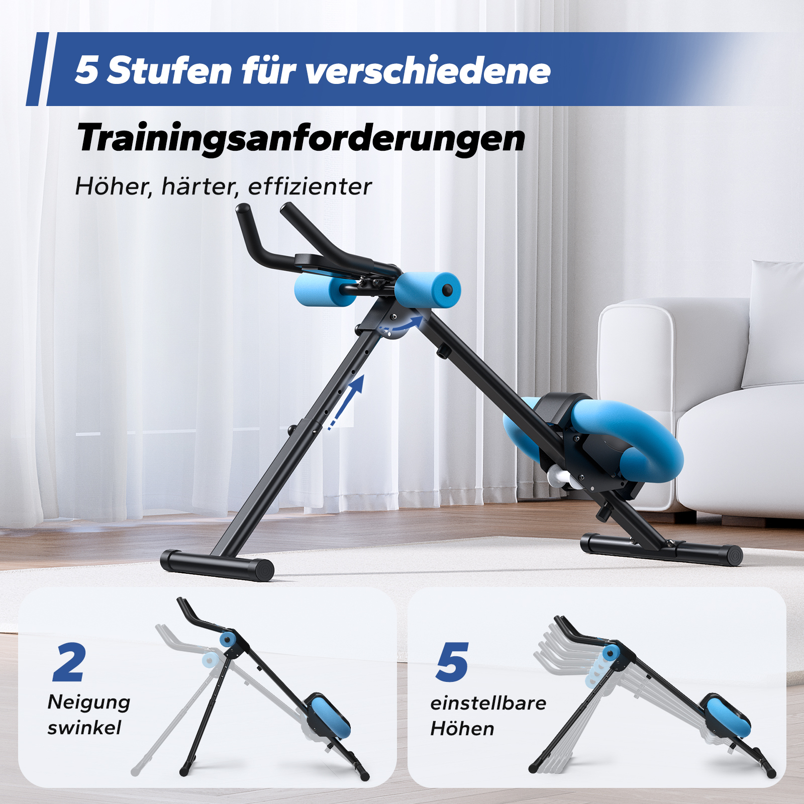 Ein Heimtrainer mit blauen Polstern und schwarzem Rahmen, verstellbar.