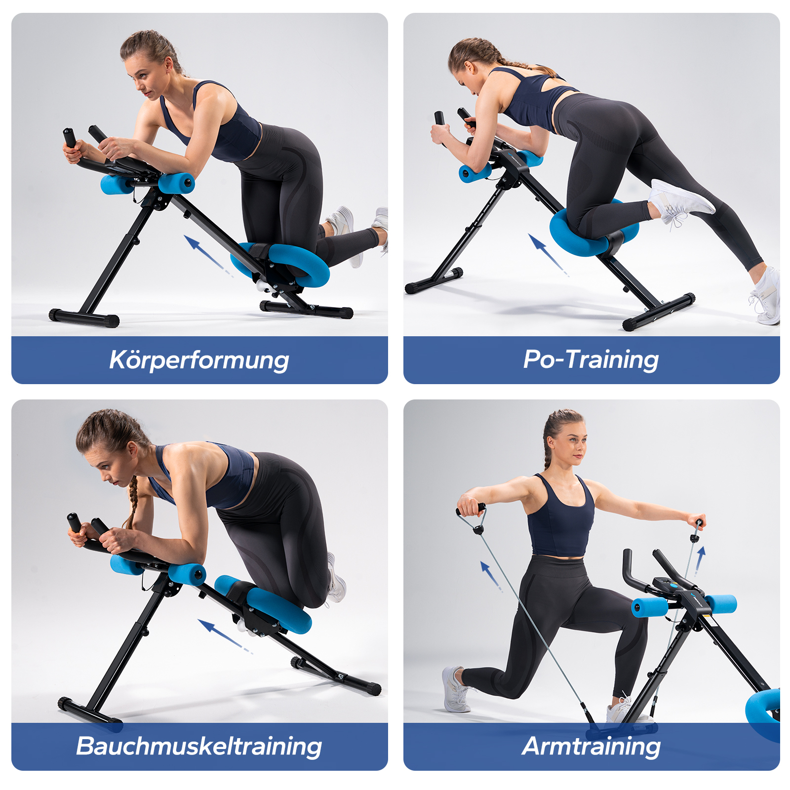 Vier Übungen auf einem Fitnessgerät: Körper-, Po-, Bauchmuskel- und Armtraining.