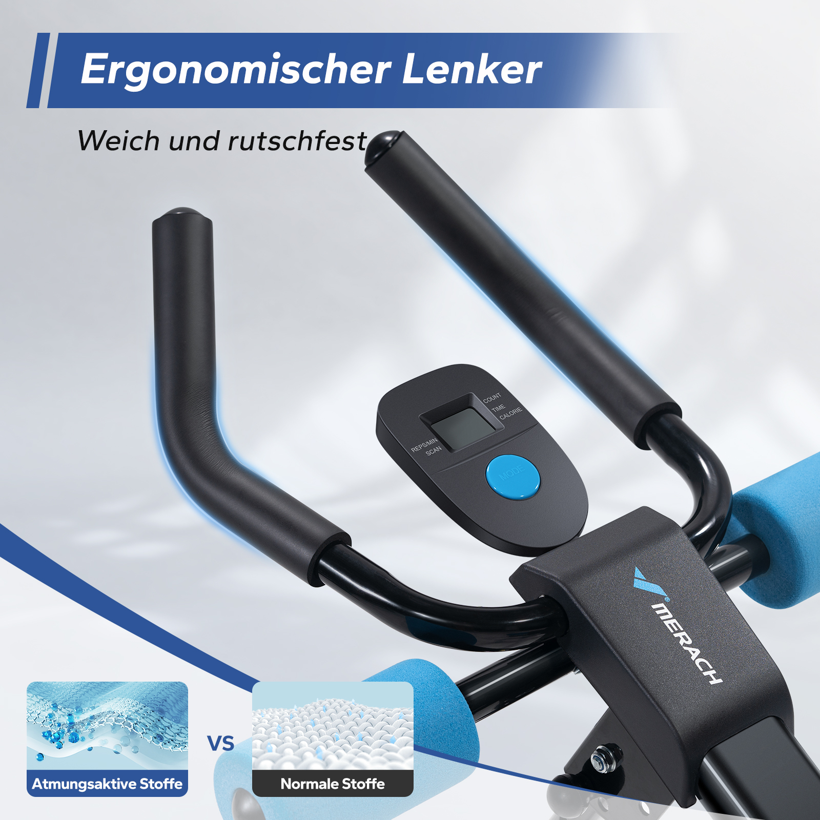 Ergonomischer Lenker mit Display und zwei Stoffvergleichen.