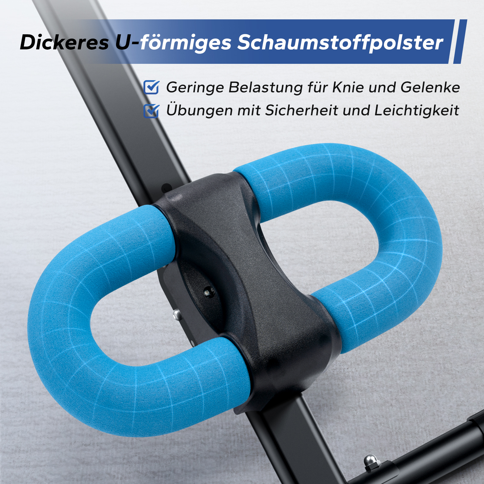 Dicker, blauer U-förmiger Griff mit schwarzem Mittelteil und Text.
