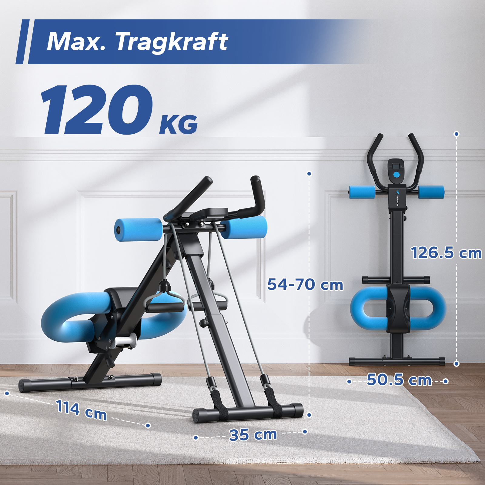 Ein schwarzer Fitnessgerät mit blauen Polstern, Maße sind angegeben.