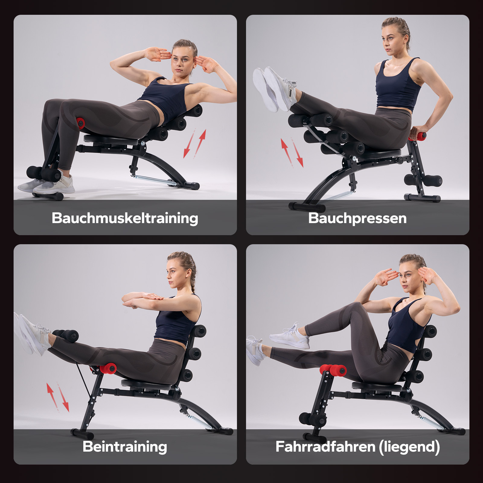 Frau macht Bauchtraining, Bauchpressen, Beintraining und Radfahren auf einem Fitnessgerät.