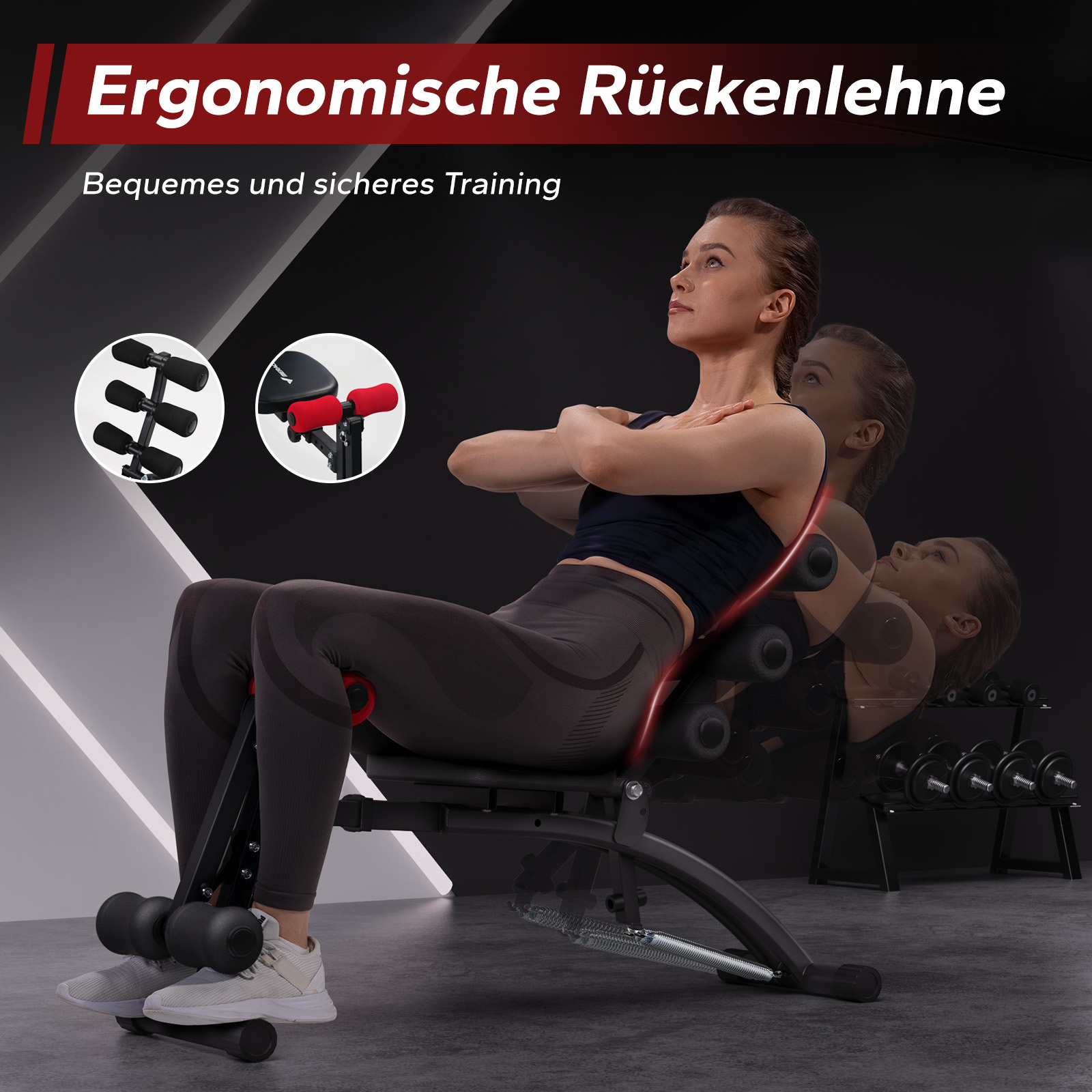 Frau macht Sit-ups auf einem Trainingsgerät mit Hanteln im Hintergrund.