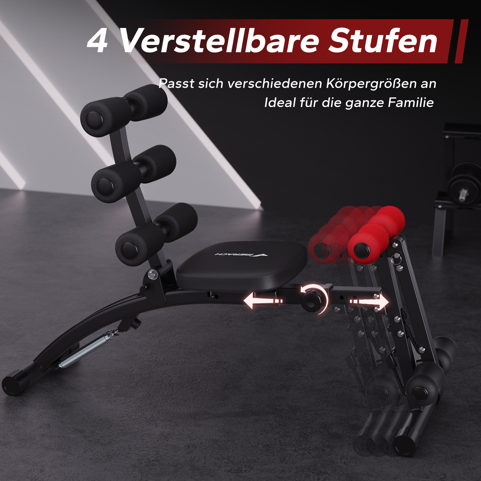 Ein schwarzes Fitnessgerät mit 4 verstellbaren Stufen und roten Griffen.