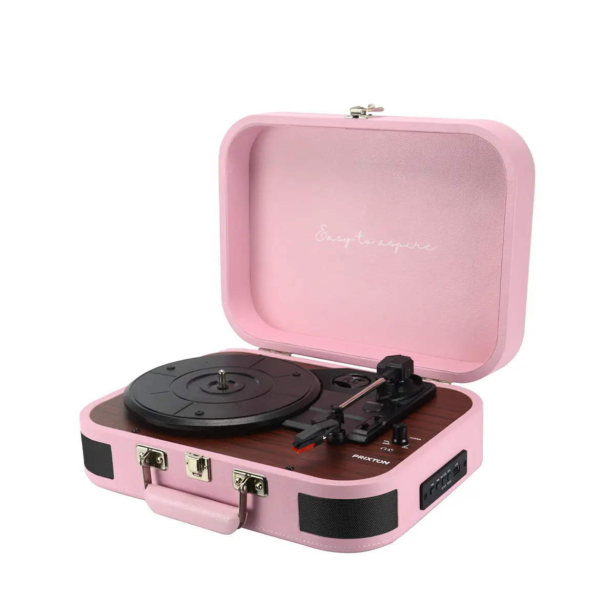 Różowy przenośny gramofon z drewnianą podstawą i czarnymi głośnikami.