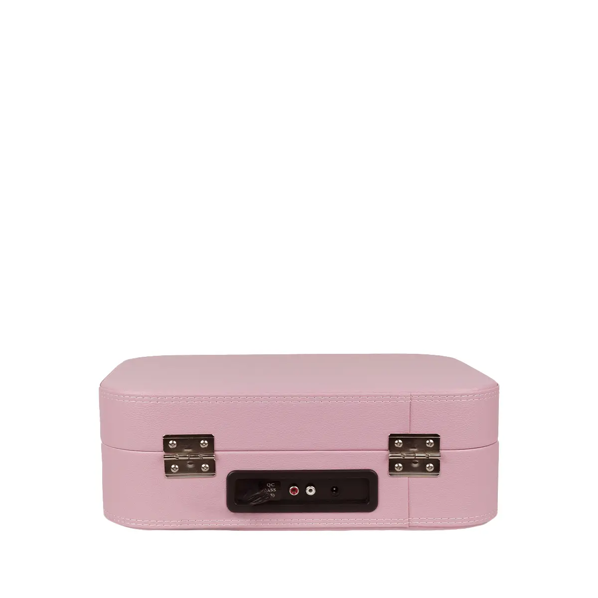 Różowy gramofon z srebrnymi zawiasami i portami z przodu.