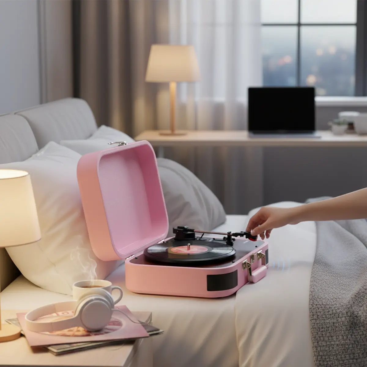 Różowy gramofon odtwarza muzykę w sypialni. Dotyka go ręka.