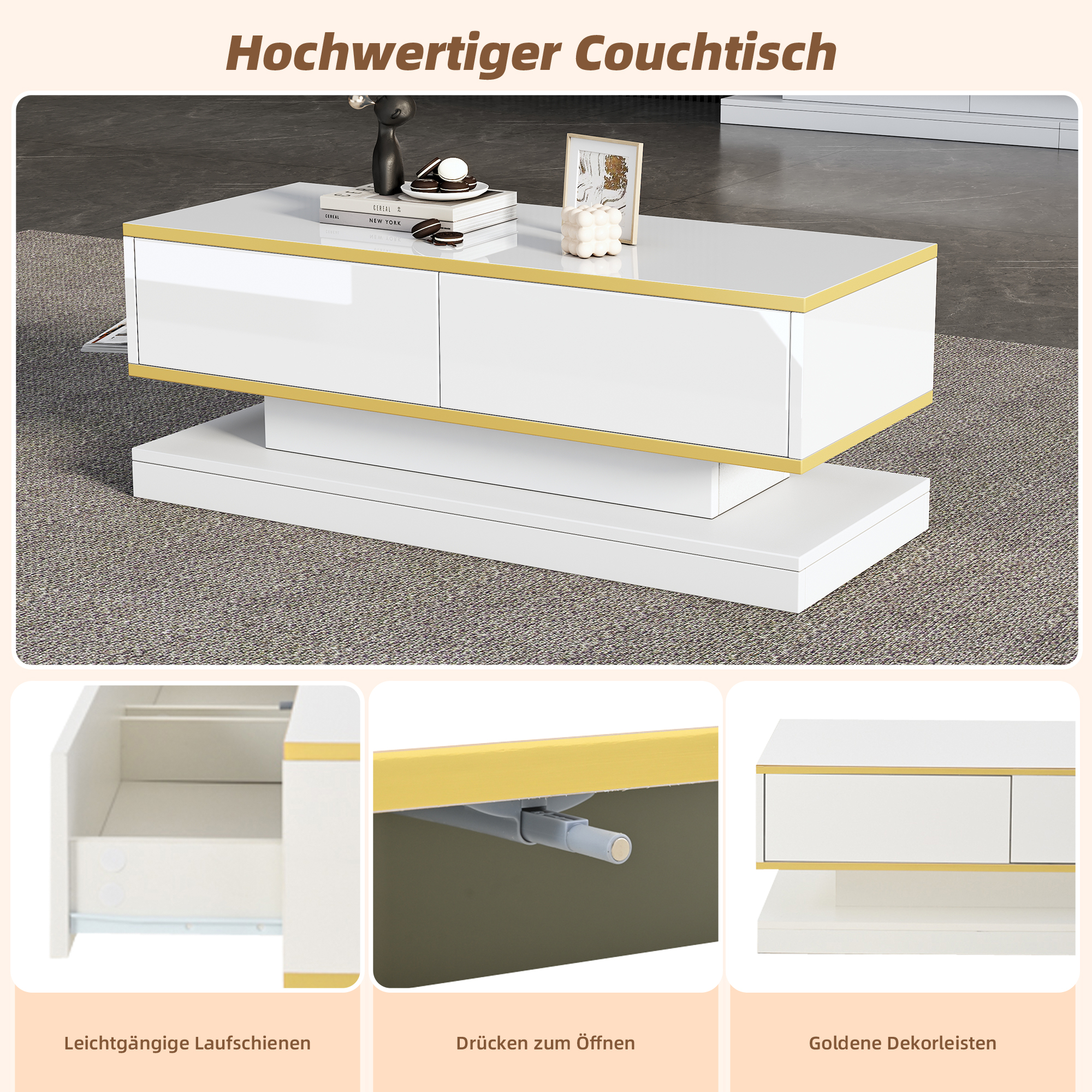 Moderner weißer Couchtisch mit goldenen Akzenten und Schubladen.