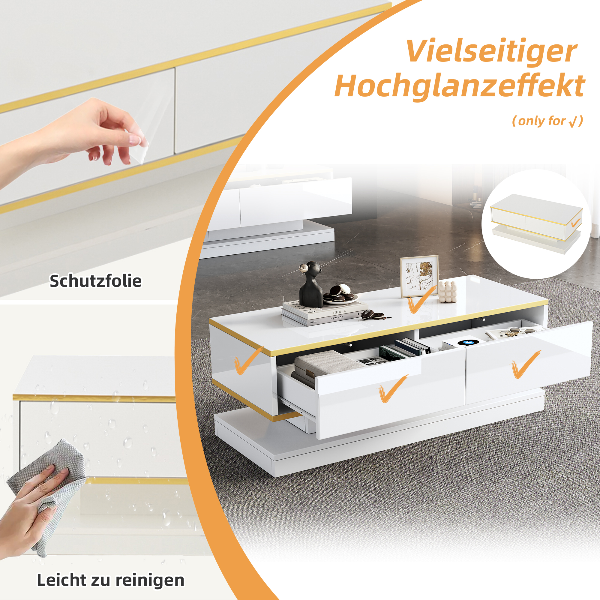 Ein weißer Couchtisch mit Schubladen und goldener Umrandung wird gezeigt.