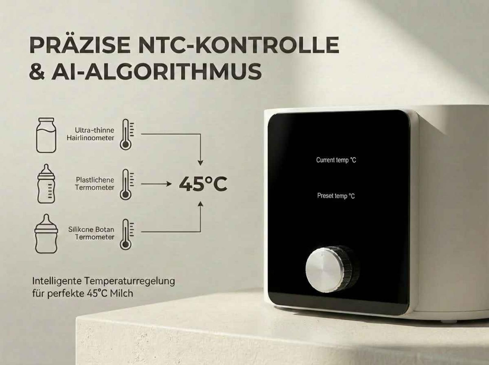 Babyflaschenwärmer-Diagramm zeigt präzise Temperaturkontrolle für 45°C Milch.