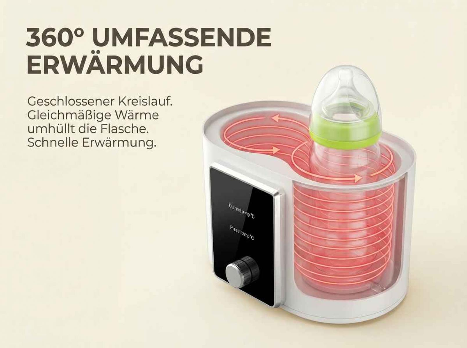 Babyflaschenwärmer mit digitaler Anzeige und Drehknopf, erwärmt Flasche in 360°.