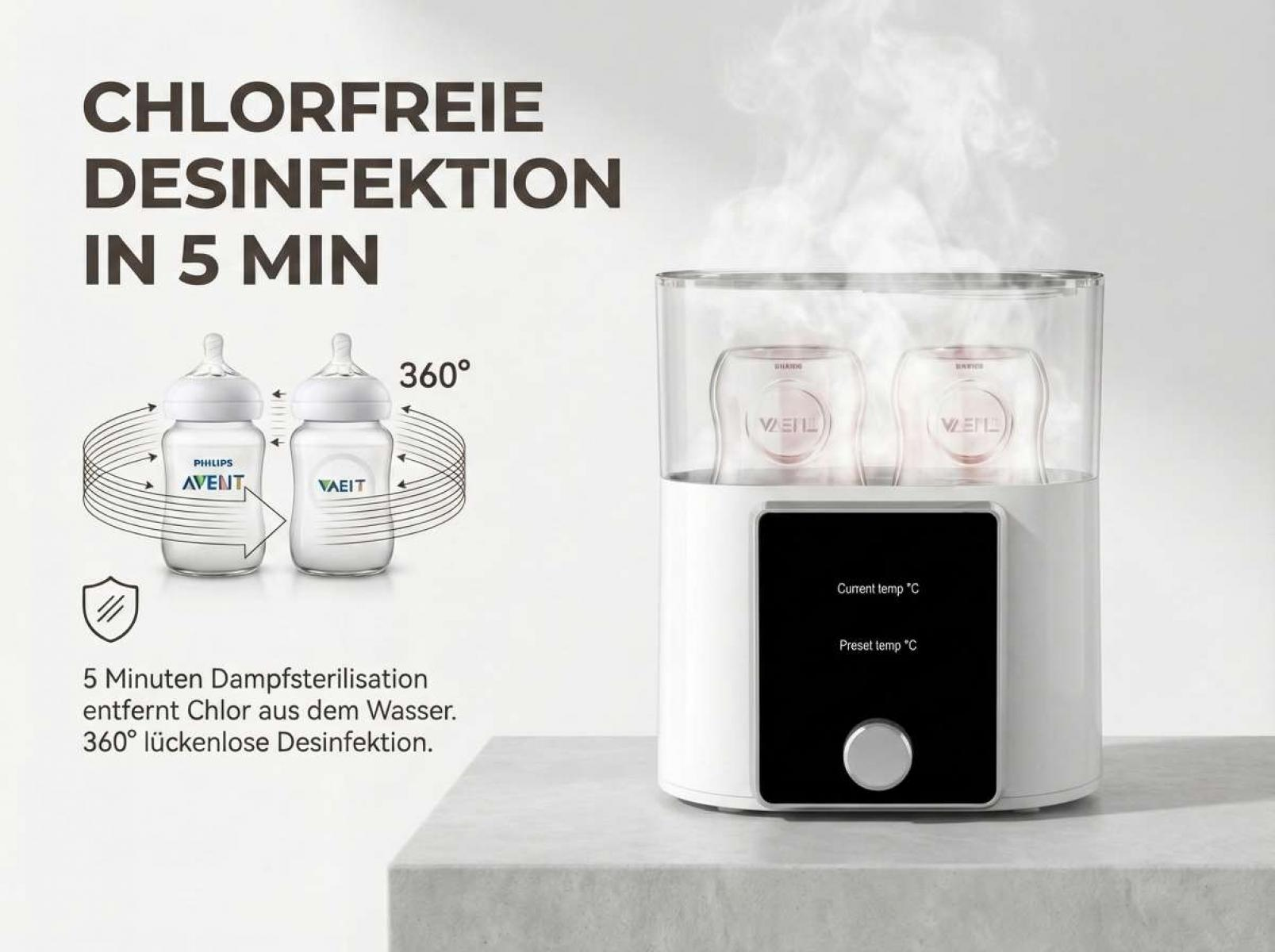 Ein Dampfsterilisator für Babyflaschen mit zwei Flaschen und einem Display.